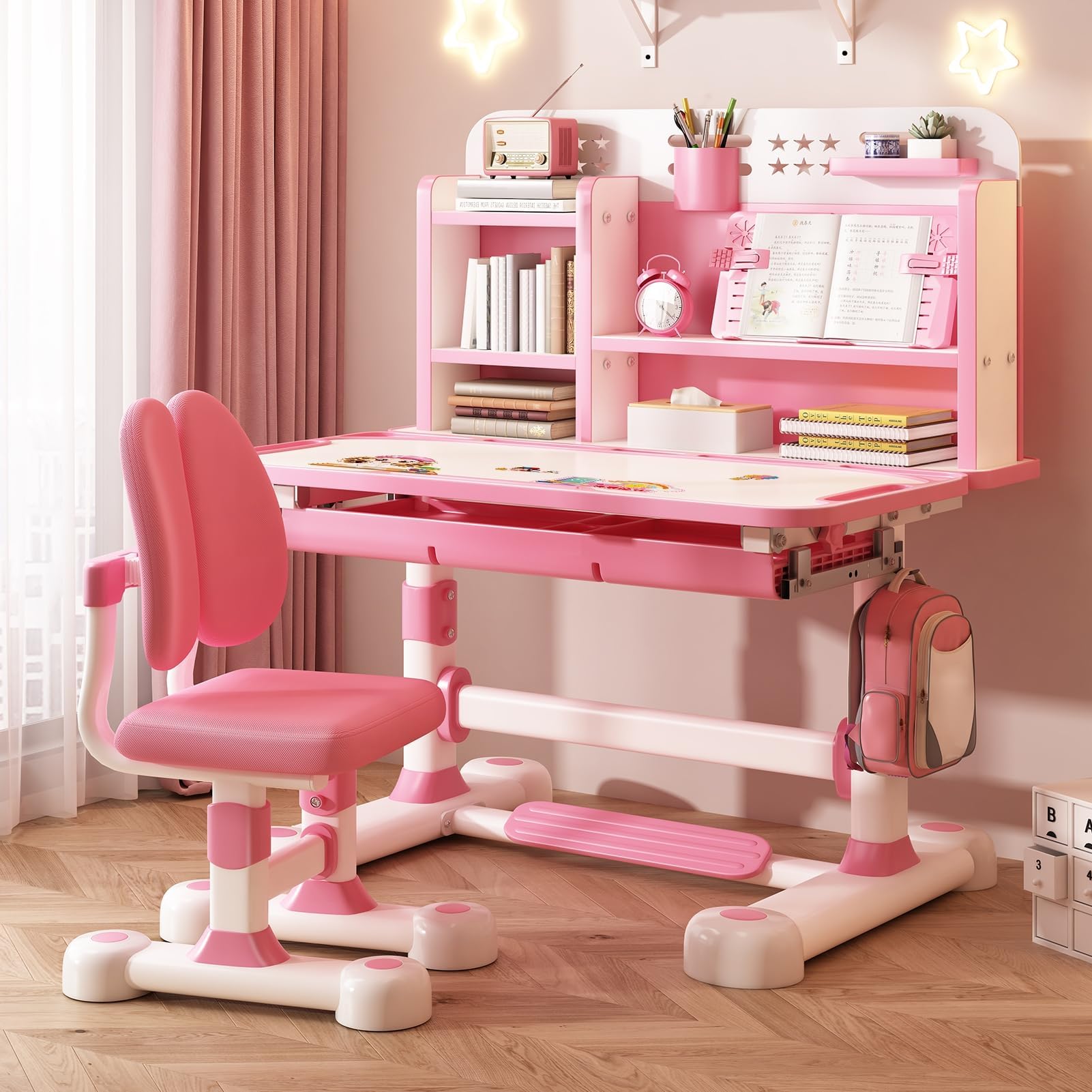 Honrane Kids Desk and Chair Set, Height Adjustable Study Desk for Kids, Children Desk and Chair Set with Sitting Corrector, Foot Pedal, Storage Drawer, School Study Desk for Boys Girls (Pink)