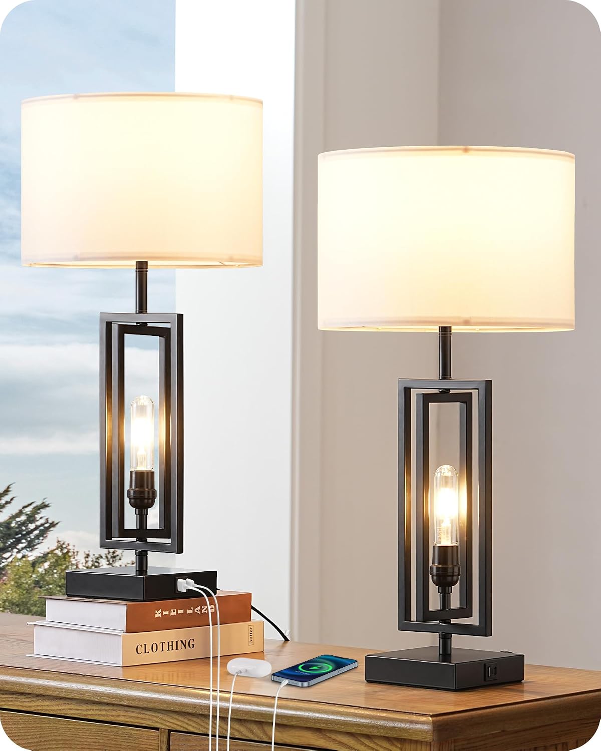 EDISHINE 25.6″ Tall Table Lamp with Night Light, Farmhouse Bedside Lamp Set of 2 with USB Charging Ports, Touch 3-Way Dimmable Nightstand Lamp for Living Room, Bedroom, Home Decor