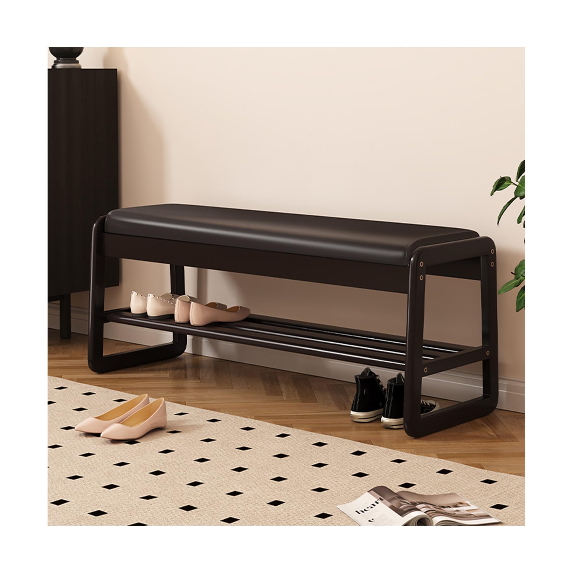 Banc à chaussures en bois massif au design d'ébénisterie, meuble de rangement premium