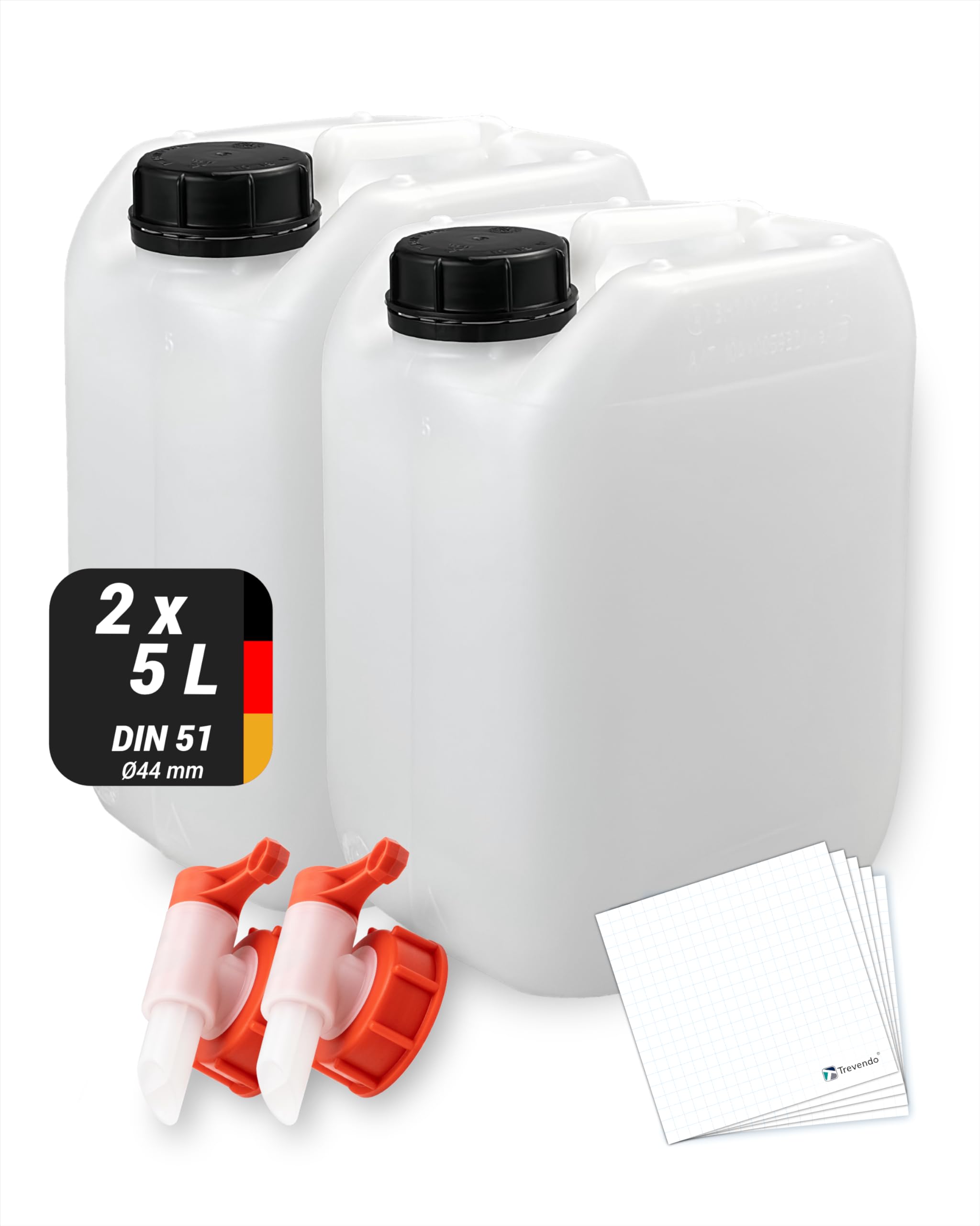 Trevendo Lot de 2 jerricans à eau de 5 litres - Convient à un usage alimentaire et sans BPA - Idéal pour l'approvisionnement en eau au camping - Avec robinet d'écoulement et bouchon à vis