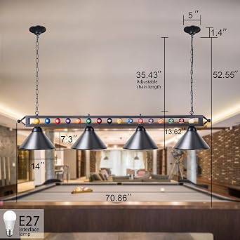Wellmet 70 Inch Pool Table Light, 4-Light Billiards Light with Black Metal Shades, 8ft-11ft, Game Room, Black [Energy Class G]