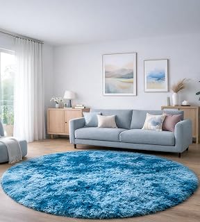 Runder Teppich 120 cm Pfauenblau Waschbar Rutschfester Runder Hochflorteppich Wohnzimmer Schlafzimmer Flauschig