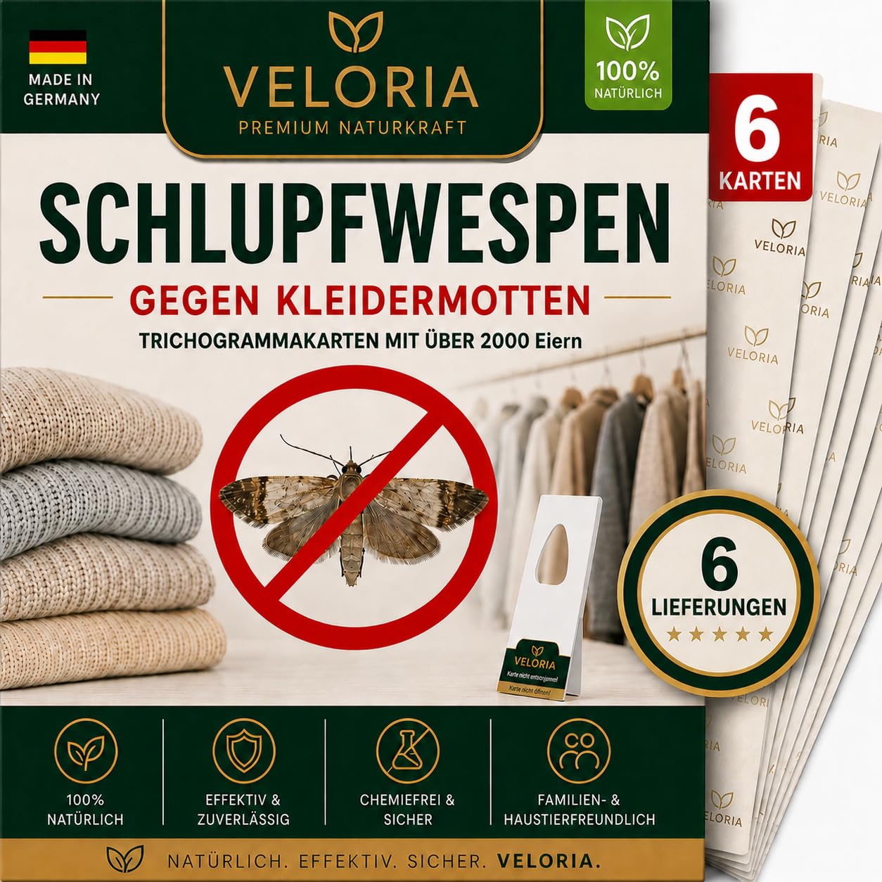 VELORIA Schlupfwespen gegen Kleidermotten - 36 Karten (6 Karten à 6 Lieferungen) - Effektiv Kleider Motten bekämpfen - Alternative zur Mottenfalle, Mottenspray, Pheromonfalle
