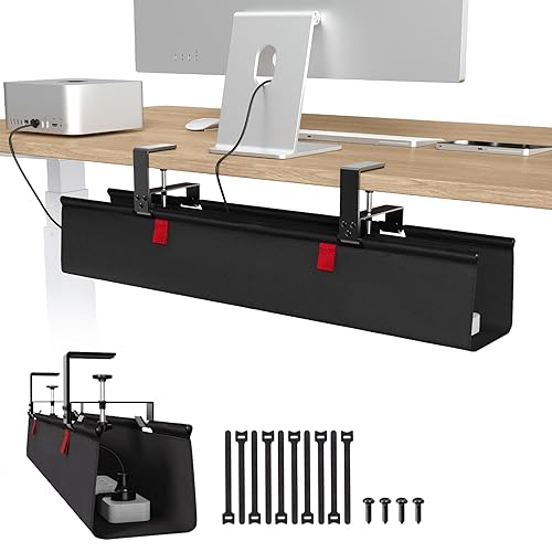 Univivi No Drill Under Desk Cable Management Tray, 28" Cord Organizer for Table, Clamp/Screw Mount Desk Cable Management, Premium Fabric Cable Management Tray for Office, Home - Black - 28"L x 5.5"W