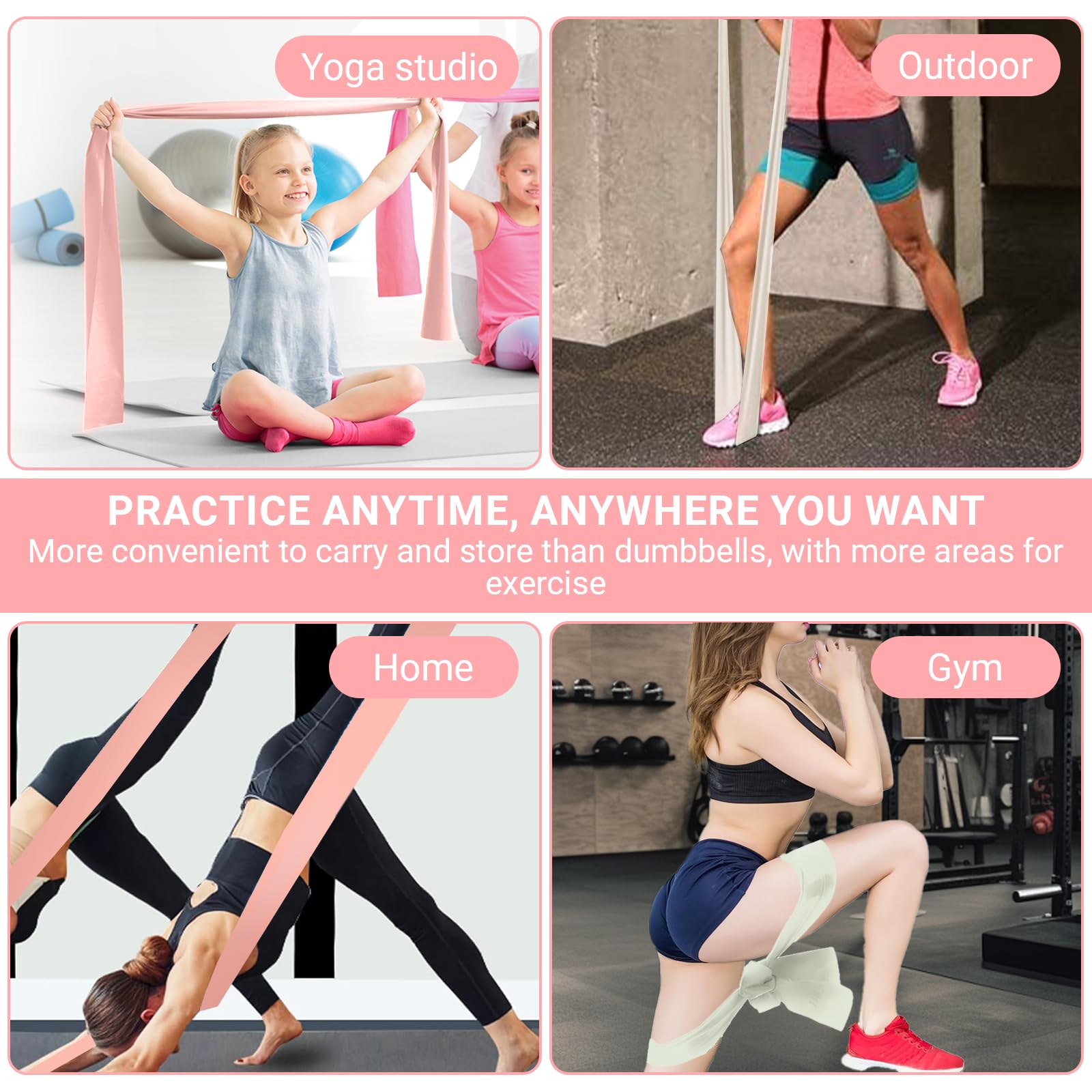 Set di 3 Bande Elastiche Fitness - Elastici fitness 1500~2000 x 150 x 0.35mm - 3 Livelli di Resistenza - Materiale TPE - Per Allenamento Muscolare, Yoga, Pilates (Rosa, Verde, Grigio)