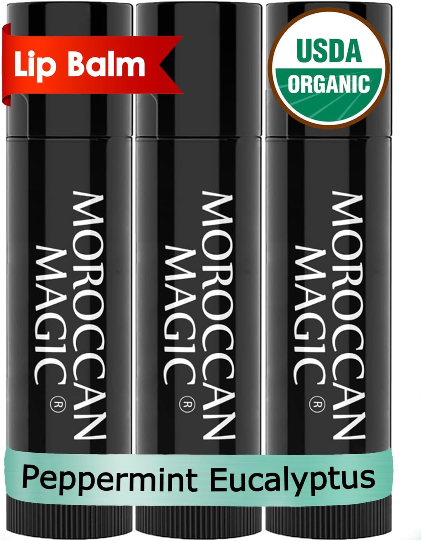 Moroccan Magic Organic Peppermint Eucalyptus Lip Balm 3 Pack | Made with Natural Cold Pressed Argan and Essential Oils | High Quality Lip Balm | Smooth Application | Non-Toxic, Cruelty Free …