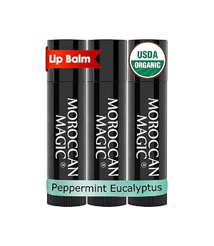 Moroccan Magic Organic Peppermint Eucalyptus Lip Balm 3 Pack Ultra-Hydrating Argan Essential Oil Lip Moisturizer Vitamin E Natural
