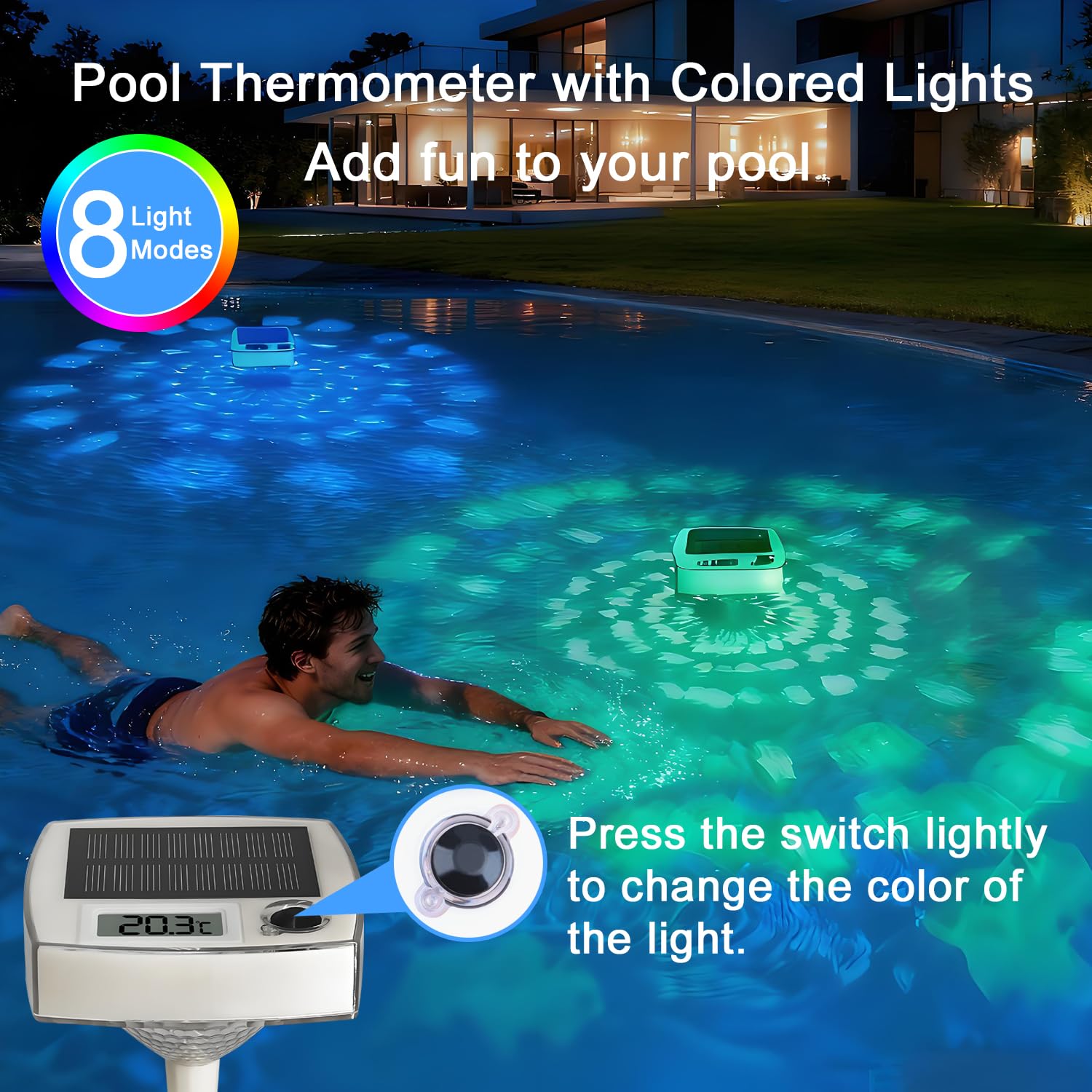 Solar Pool Thermometer,Poolthermometer Schwimmend mit Dynamischer Beleuchtung,LCD-Bildschirm für Einfaches Ablesen,IP68 Wasserdicht,8 Dynamischen Lichteffekten,für Schwimmbad,Whirlpool,Spa