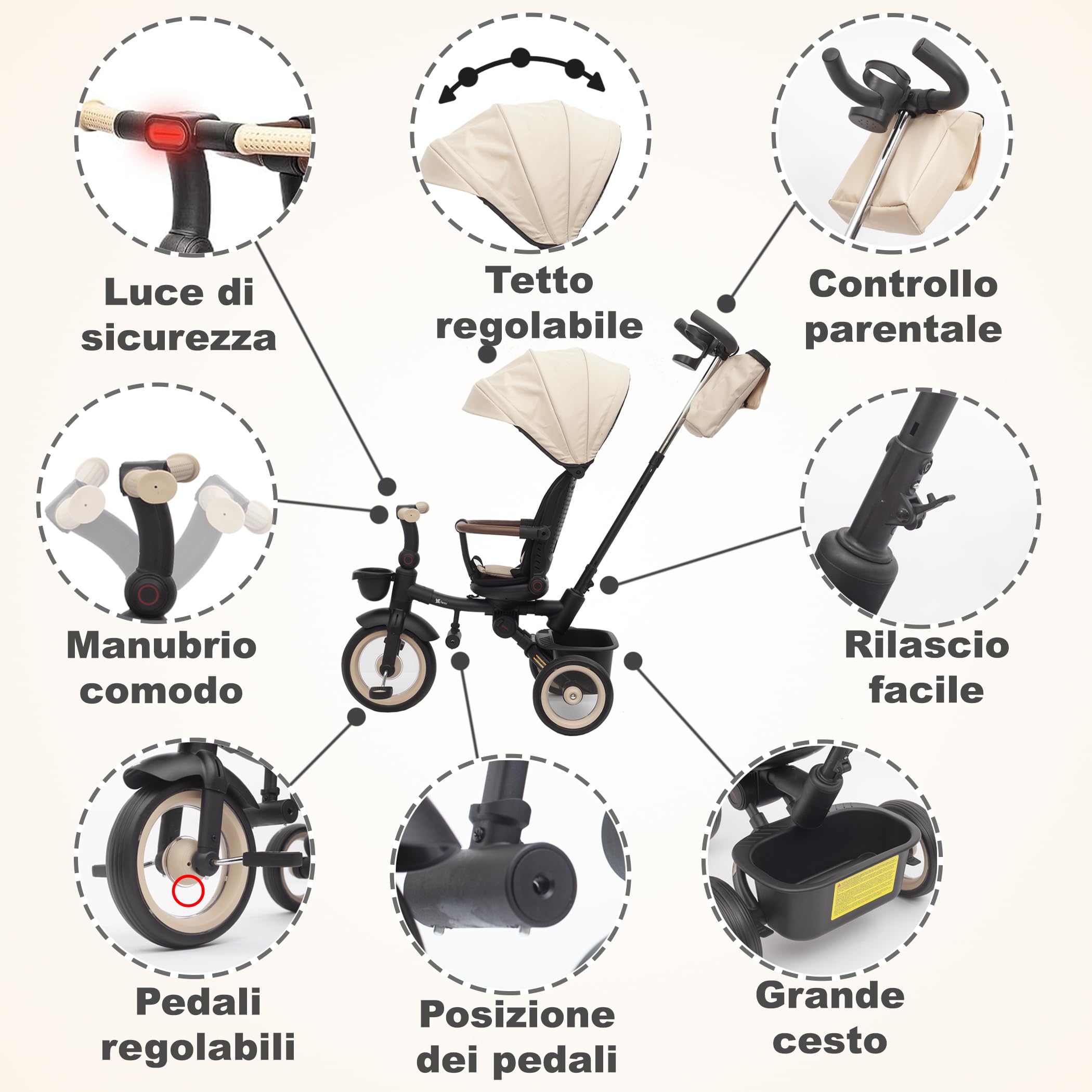 Twinly - Triciclo Evolutivo Bambino Sami Pieghevole con Sedile Girevole 360 Bicicletta 2 anni - Passeggino Bambino, Giocattolo, 1-5 anni o 25 kg - Luce, Cappottina Estensibile (Beige)