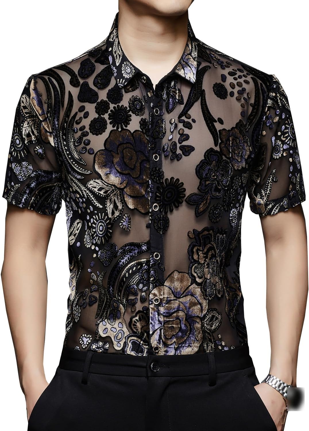 Mens Retro Vintage See Through Floral Sexy Night Club Show Cool Short Sleeve Shirts