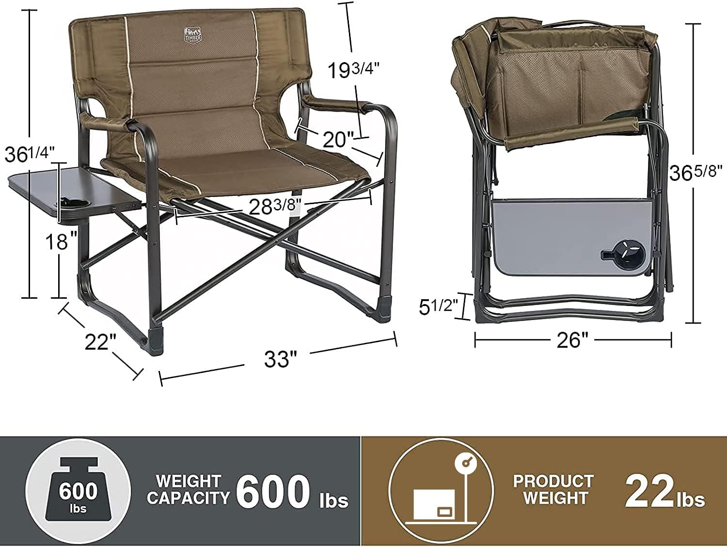 TIMBER RIDGE Oversized Directors Chairs with Side Table, Heavy Duty Folding Camping Chair up to 600 Lbs Weight Capacity (Brown) : Home & Kitchen