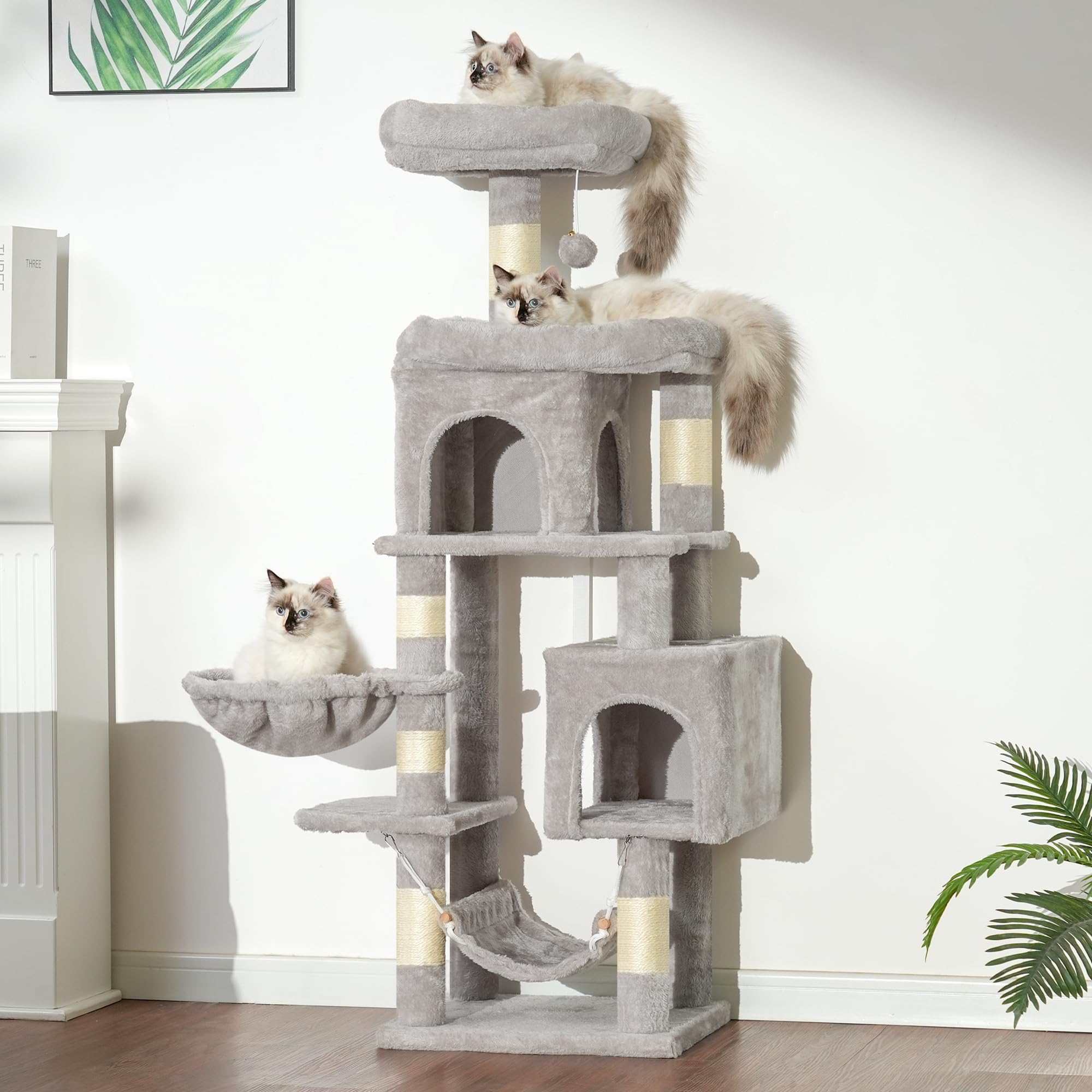 Heybly Kratzbaum, 145 cm Hoher Mehrstöckiger Kratzstamm-Kletterturm, Mit 2 Großen Plattformen, 2 Großer Katzennestern, Katzenkorb, Hängematte, Ballspielzeug, Hellgrau HCT016W