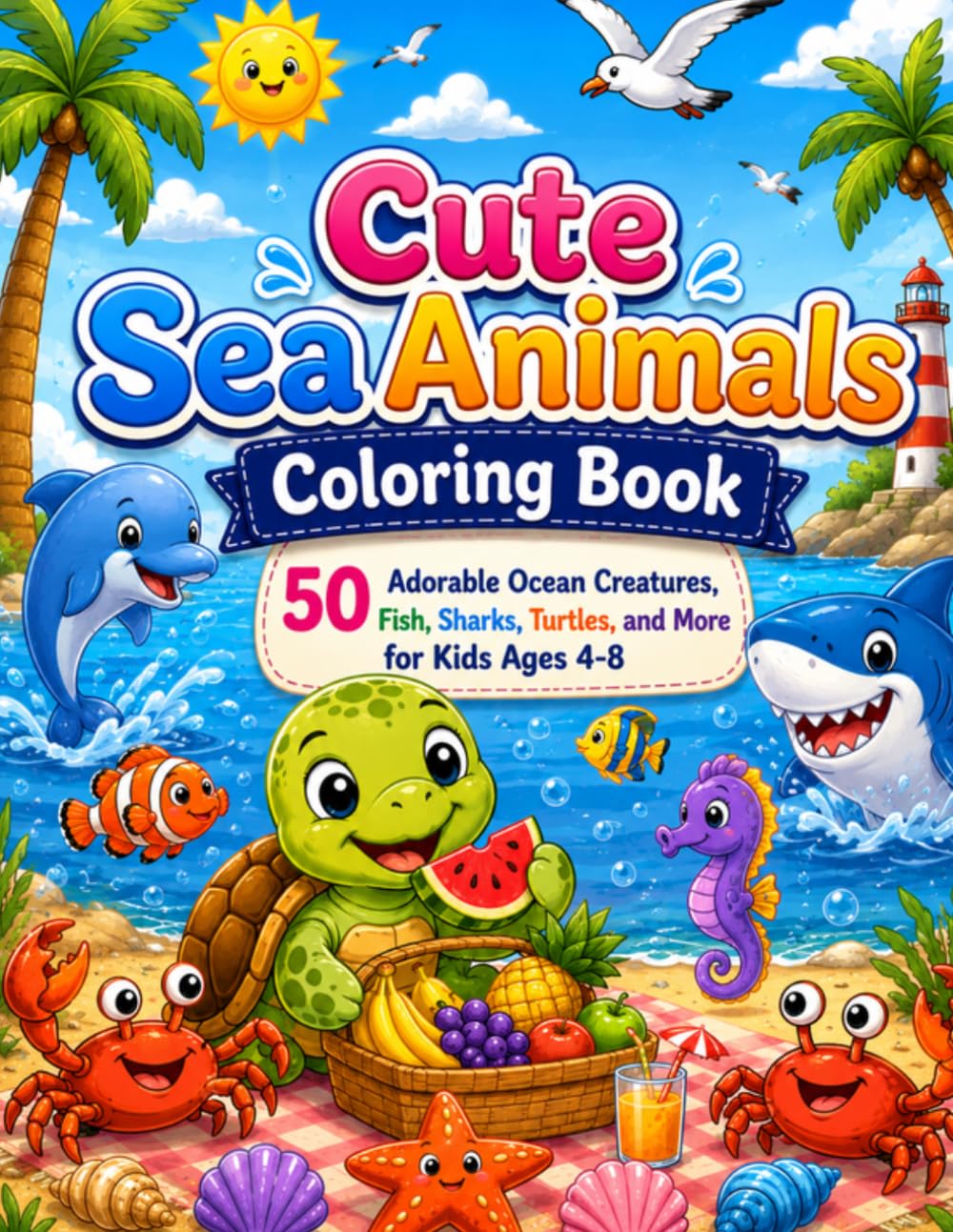 Cute Sea Animals Coloring Book: 50 Adorable Ocean Creatures, Fish, Sharks, Turtles, and More for Kids Ages 4-8