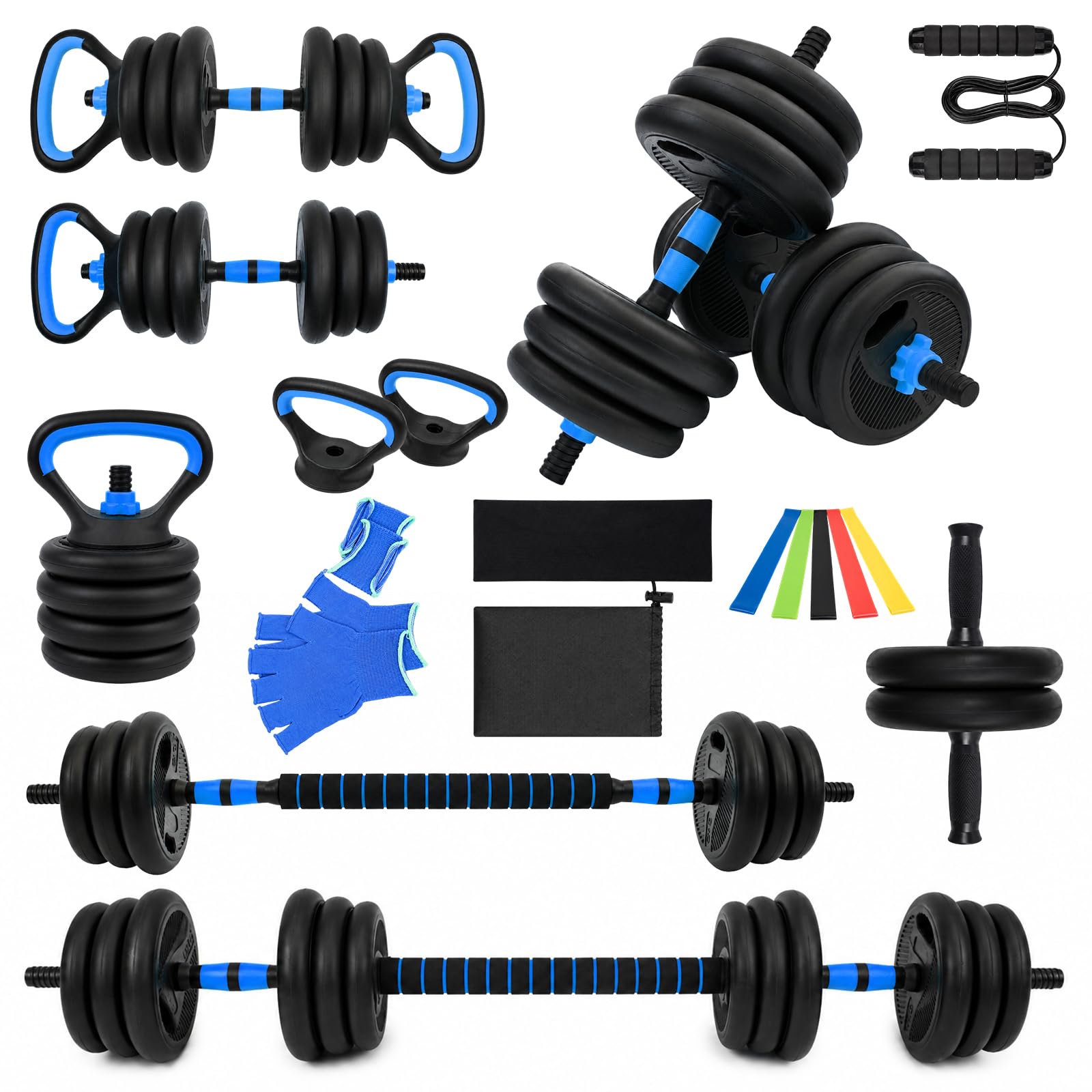 6-in-1 Multifunktions-Hantelset 20KG – Verstellbare Kurzhantel & Langhantel mit Kettlebell, Liegestützgriffen, Springseil & Bauchtrainer, Fitness Set