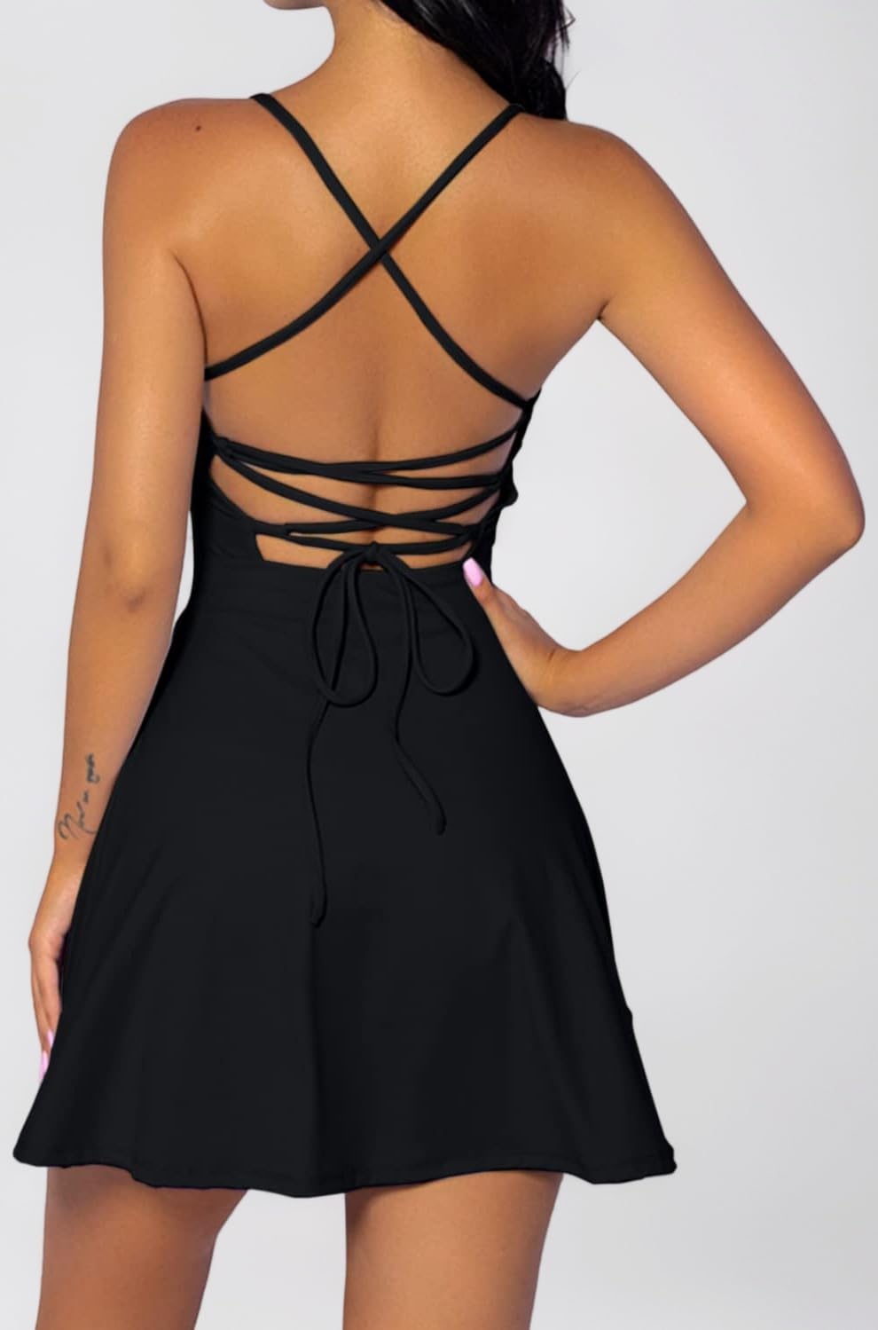 Womens Two Pieces Tennis Dress with Shorts Workout Open Back Active Golf Dresses, Black, M