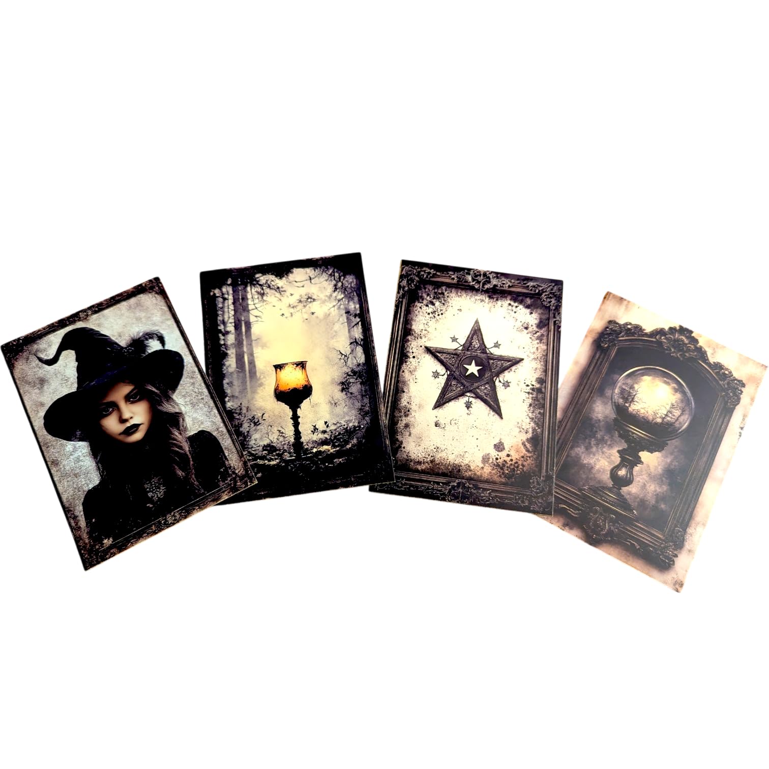 Kims Crafty Corner Gothic Autumn Postcard Set – 4 Dark Academia Art Prints with Haunted Houses, Skeleton Trees & Victorian Figures | Vintage Gothic Stationery or Wall Art Décor (Black Wicca Set 3)