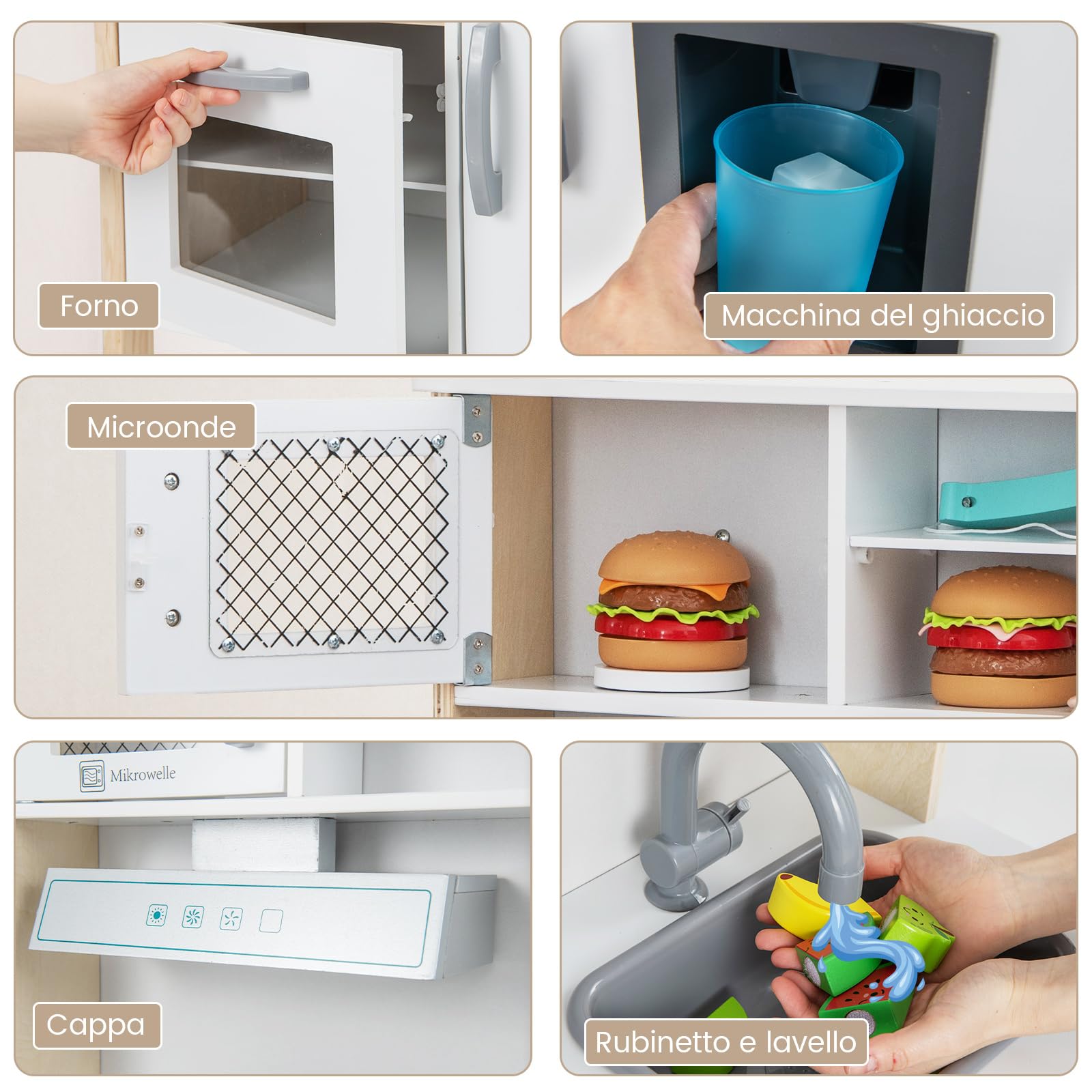 RELAX4LIFE Cucina Giocattolo per Bambini, Gioco Cucina in Legno con Microonde, Forno, Rubinetto, Lavello e 18 PCS Accessori, Mini Cucina per Bambini 3 4 5 6 Anni (Bianco)