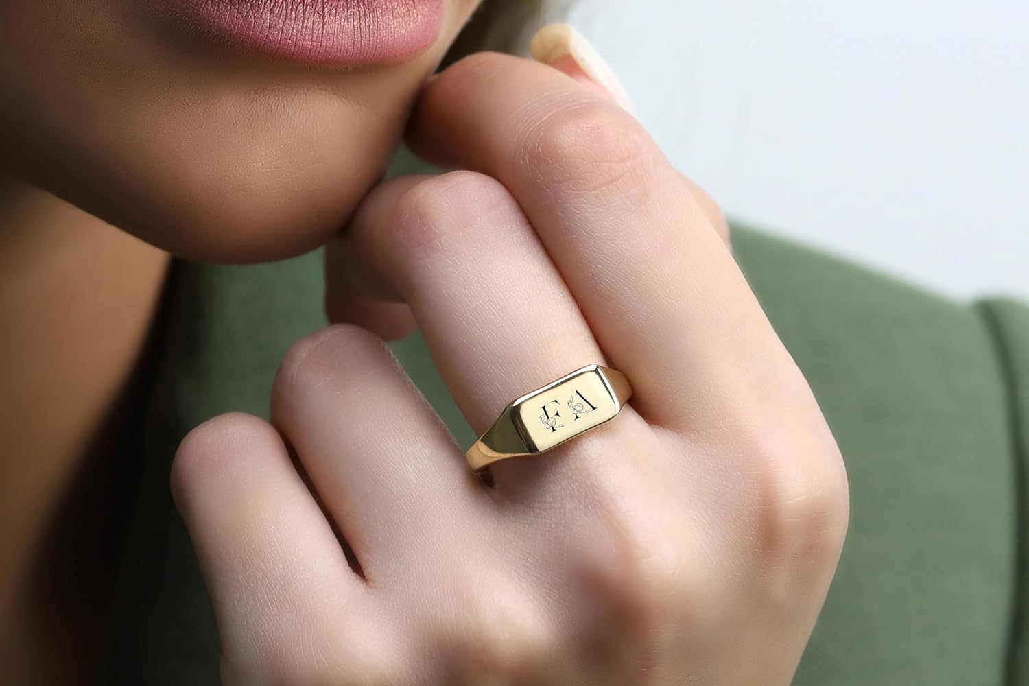 14k Gold Floral Signet Ring - Personalized Minimalist Rectangle