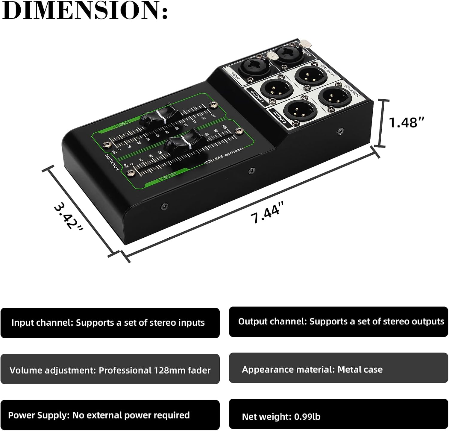 Passive Monitor Volume Controller, XLR 2 Input 2 Output Stereo Studio Controller, Plug and Play No Loss Volume Adjustment Controller for Studio Home Audio System