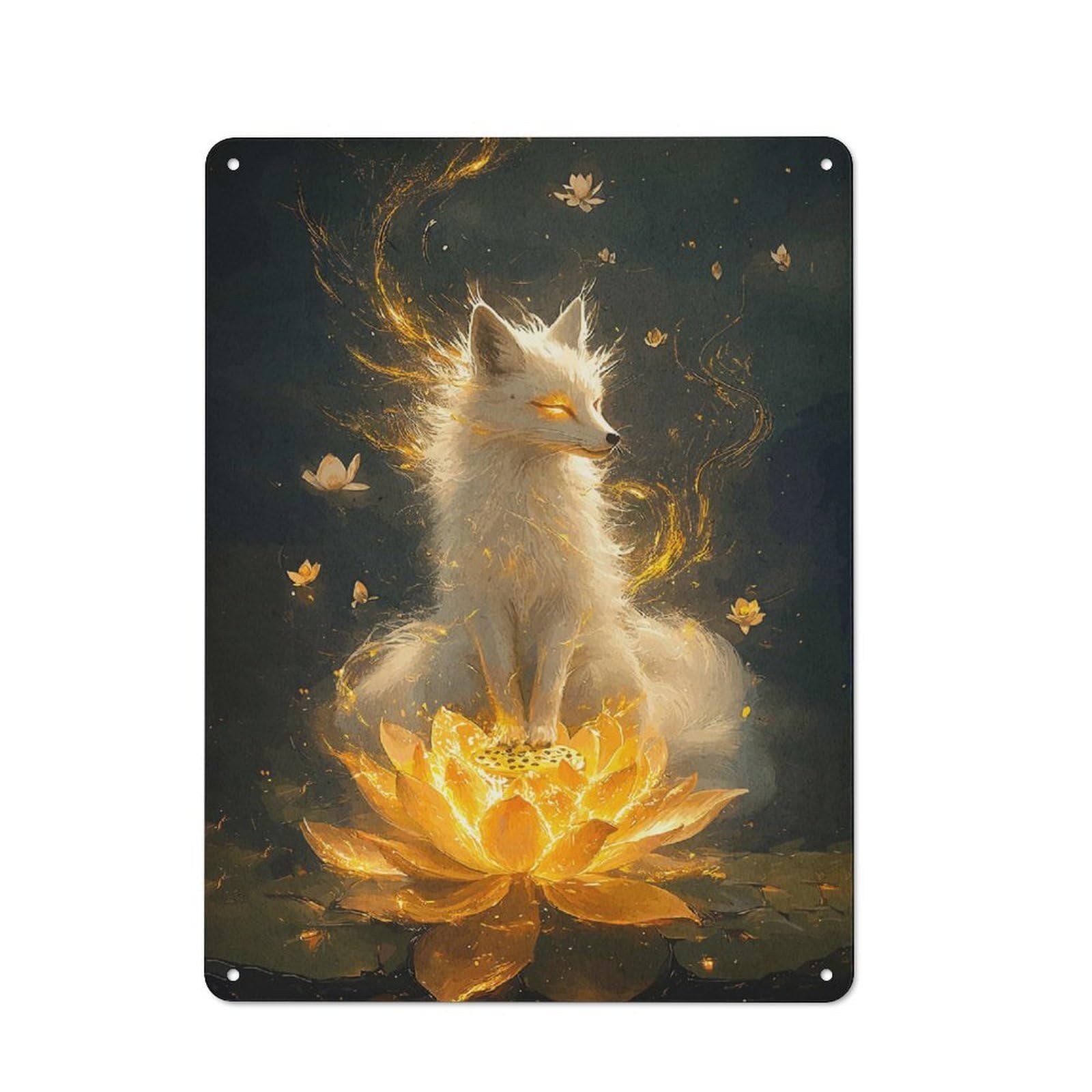Junmoney Style-3 Tin Wall Plaque 40X30cm With Golden Fox On Lotus For Home Bar Wall, A Decorative Christmas Gift For Hosts Who Enjoy Retro Interiors