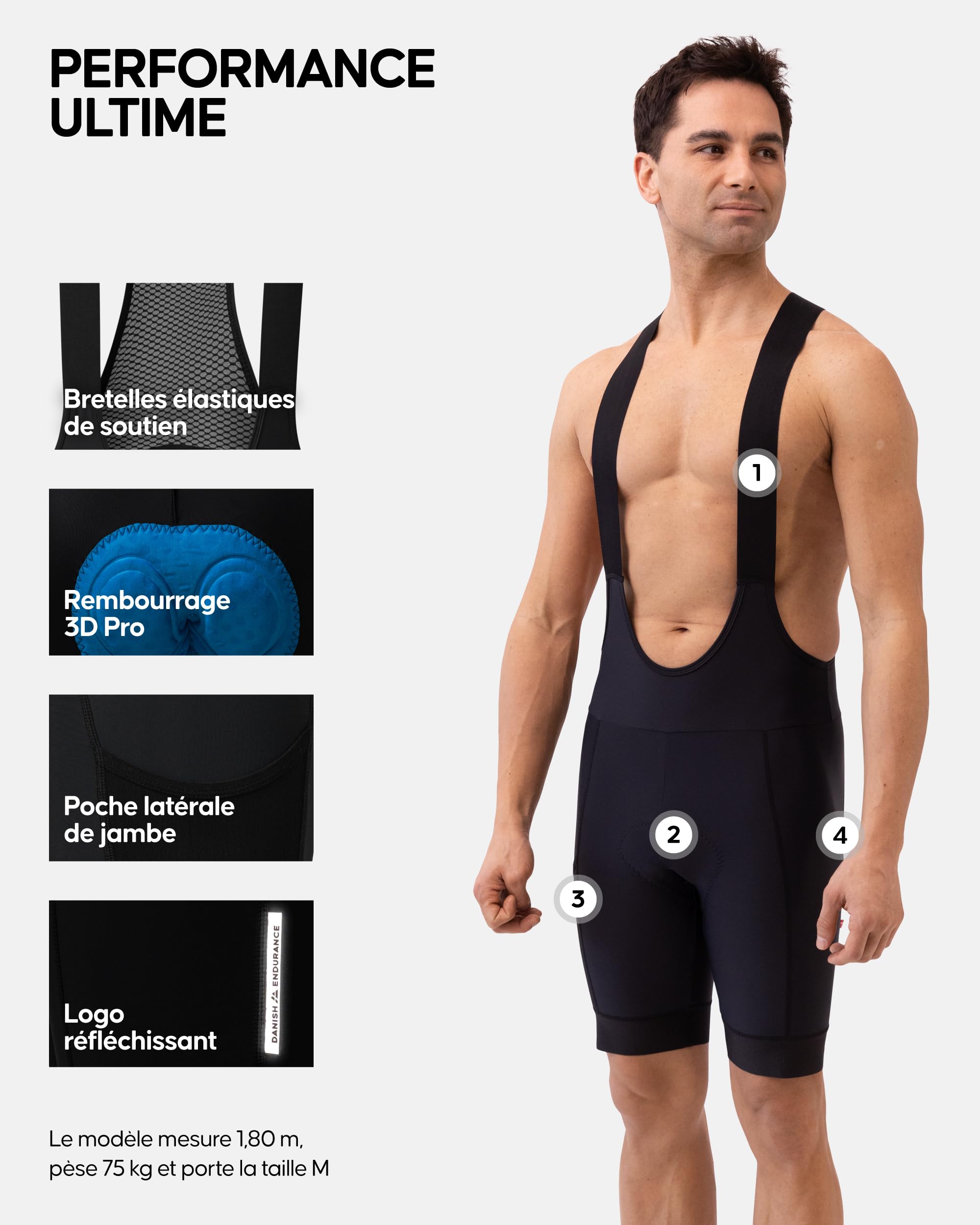DANISH ENDURANCE Cuissard Vélo à Bretelles Homme, Rembourrage 3D, Respirant & Stretch