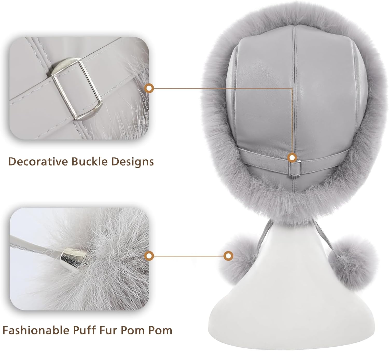 Winter Faux Fur and Leather Skullies Beanie Hat for Women Fluffy Bucket Hat Snow Cap