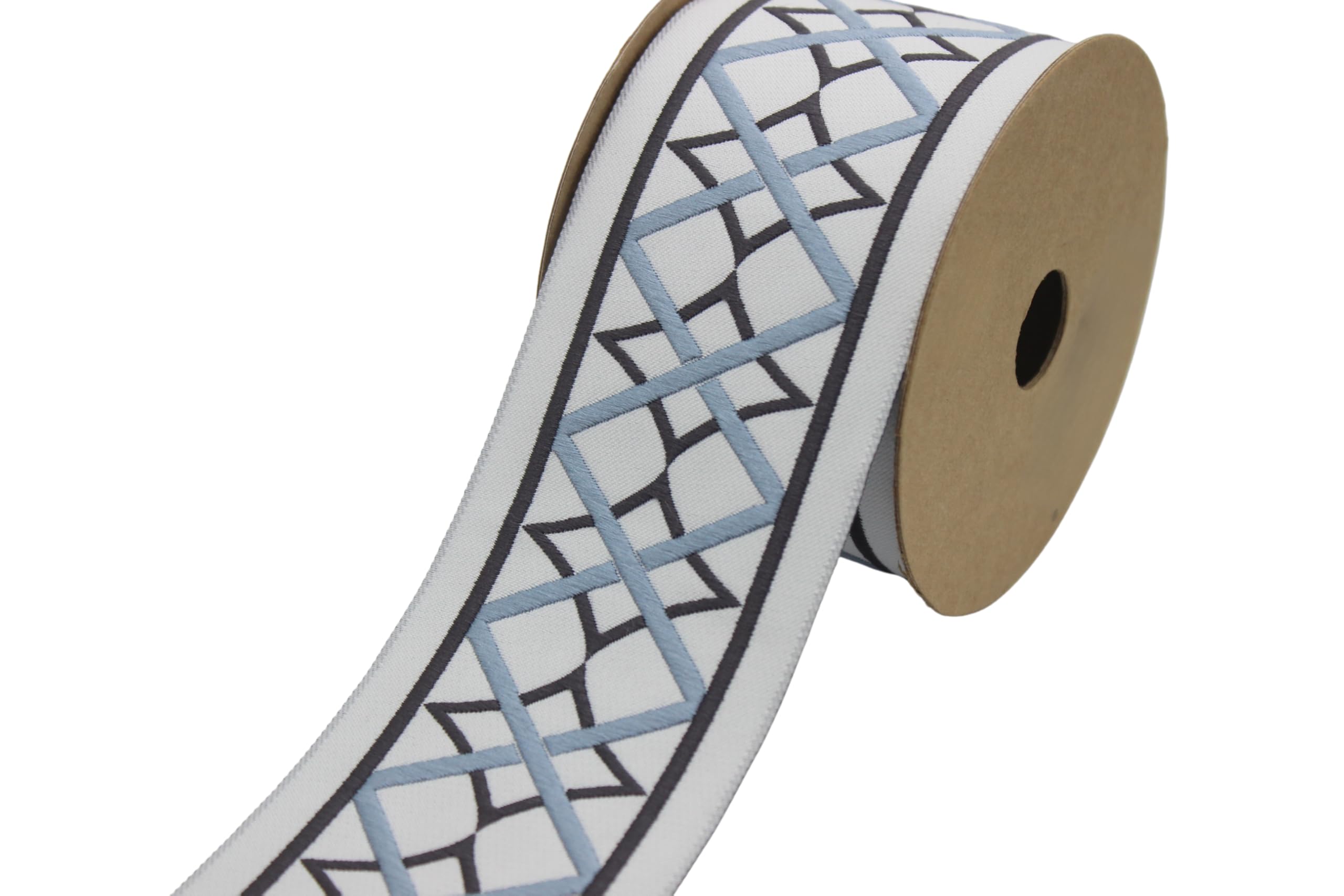 Ruban jacquard brodé géométrique bleu 3.8m : sublimez vos vieux rideaux
