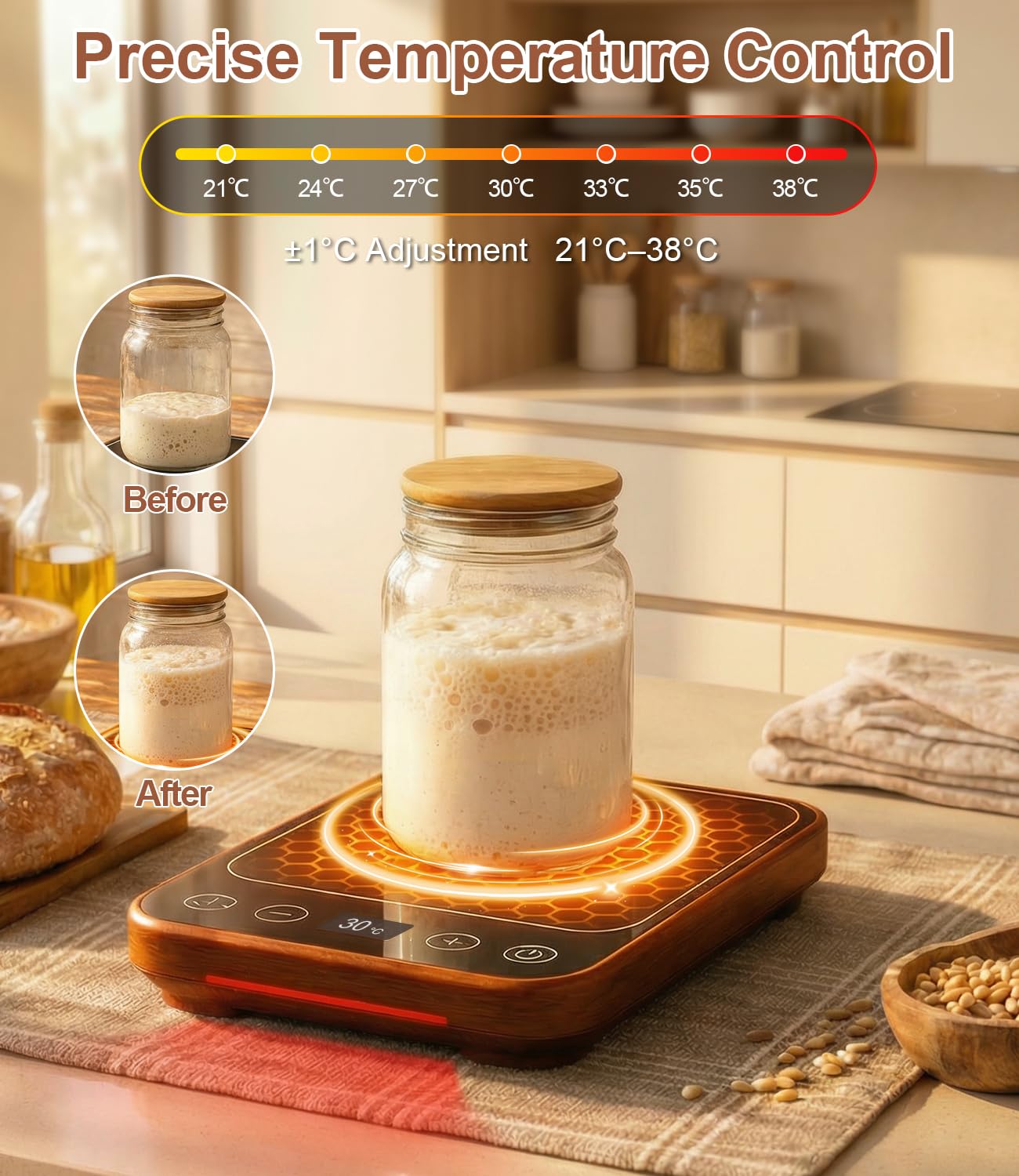 SauerteigStarterWärmer, 21℃-38℃ Wärmeplatte Präzise 1℃ Thermostat, Wärmematte Sauerteig mit 12-Stunden-Timer & Speicherfunktion, intelligenter Wärmer für Kombucha, Joghurt und Bierfermentation