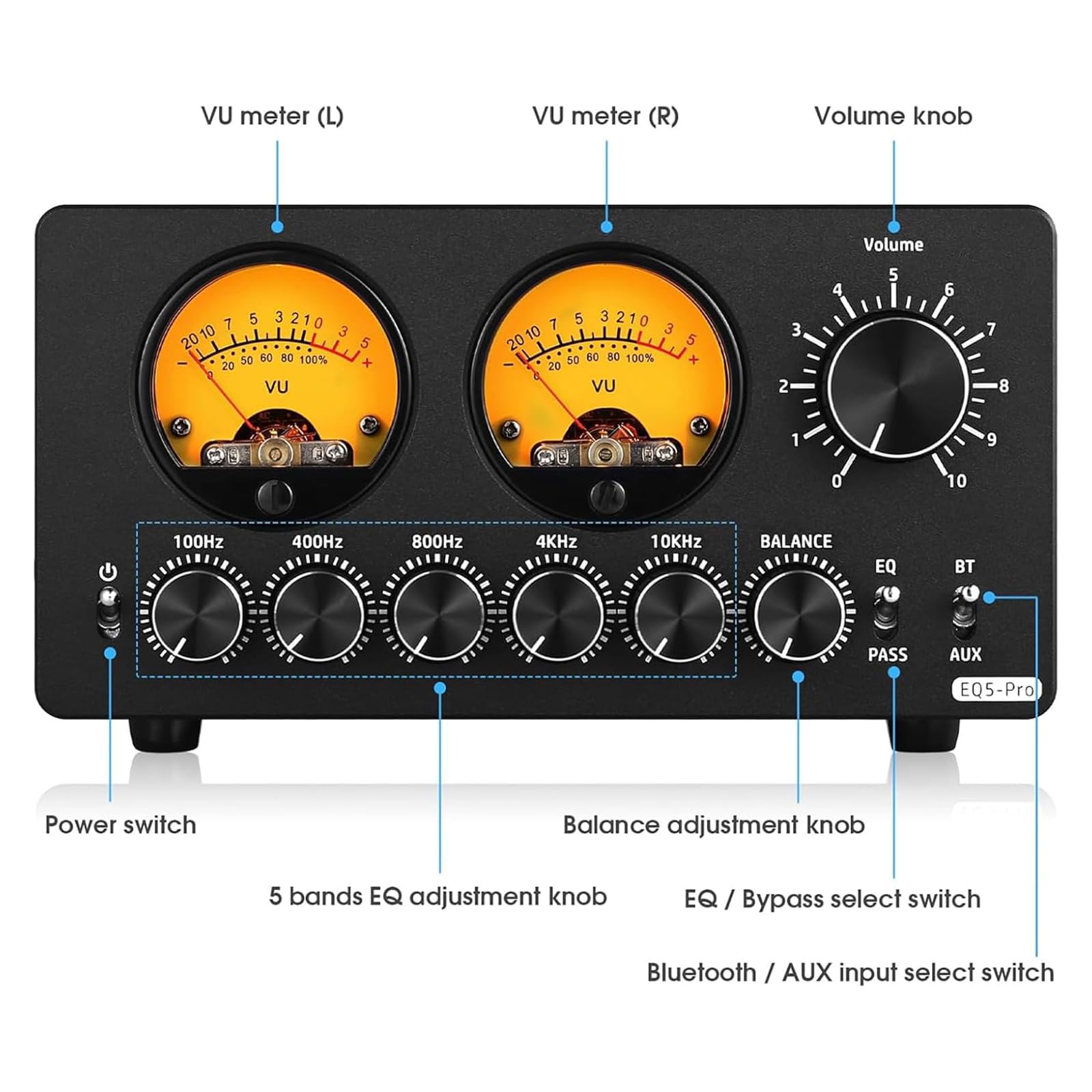 Égaliseur Audio 5 Bandes, Préamplificateur Stéréo Bluetooth, avec Affichage VU Meter Et Contrôle De Balance des Canaux, RCA 3,5 Mm AUX, pour Chaîne Stéréo Domestique