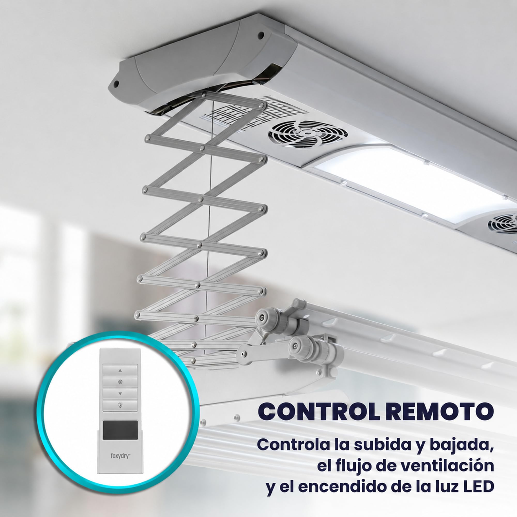 foxydry Air, tendedero eléctrico de Techo, con Mando, 122 cm | ahorra espacio, de aluminio, motorizado, extensible, apto para sábanas, soporta 35 kg, gris