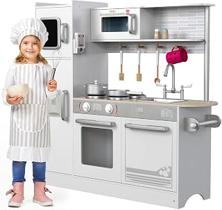 KidderyToys Wooden Play Kitchen Playset for Toddlers & Kids 3-8: Stove, Oven, Fridge, Microwave, Pots, Pans, Utensils - Pretend Cooking Toy