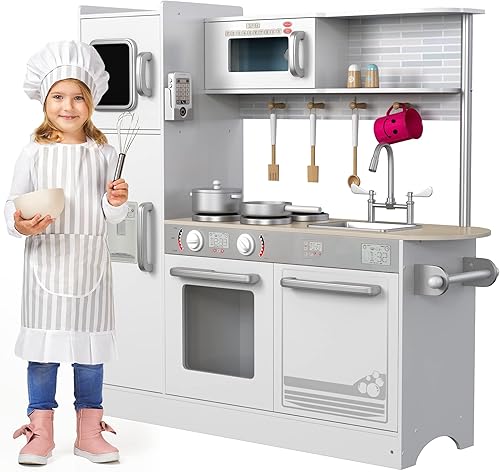 Play Kitchen - Juego de cocina de madera para niños pequeños y grandes - Juego de juguete grande para niños y niñas con estufa de cocina, horno,
