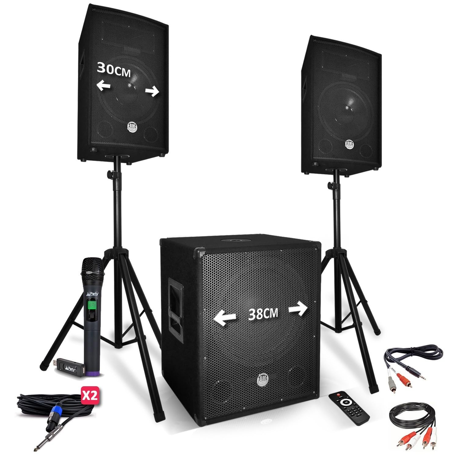 Pack Sono 2200W - Reconditionné/Occasion - Enceintes 12" + Caisson 15" + Pieds + Micro UHF - USB/BT + câbles