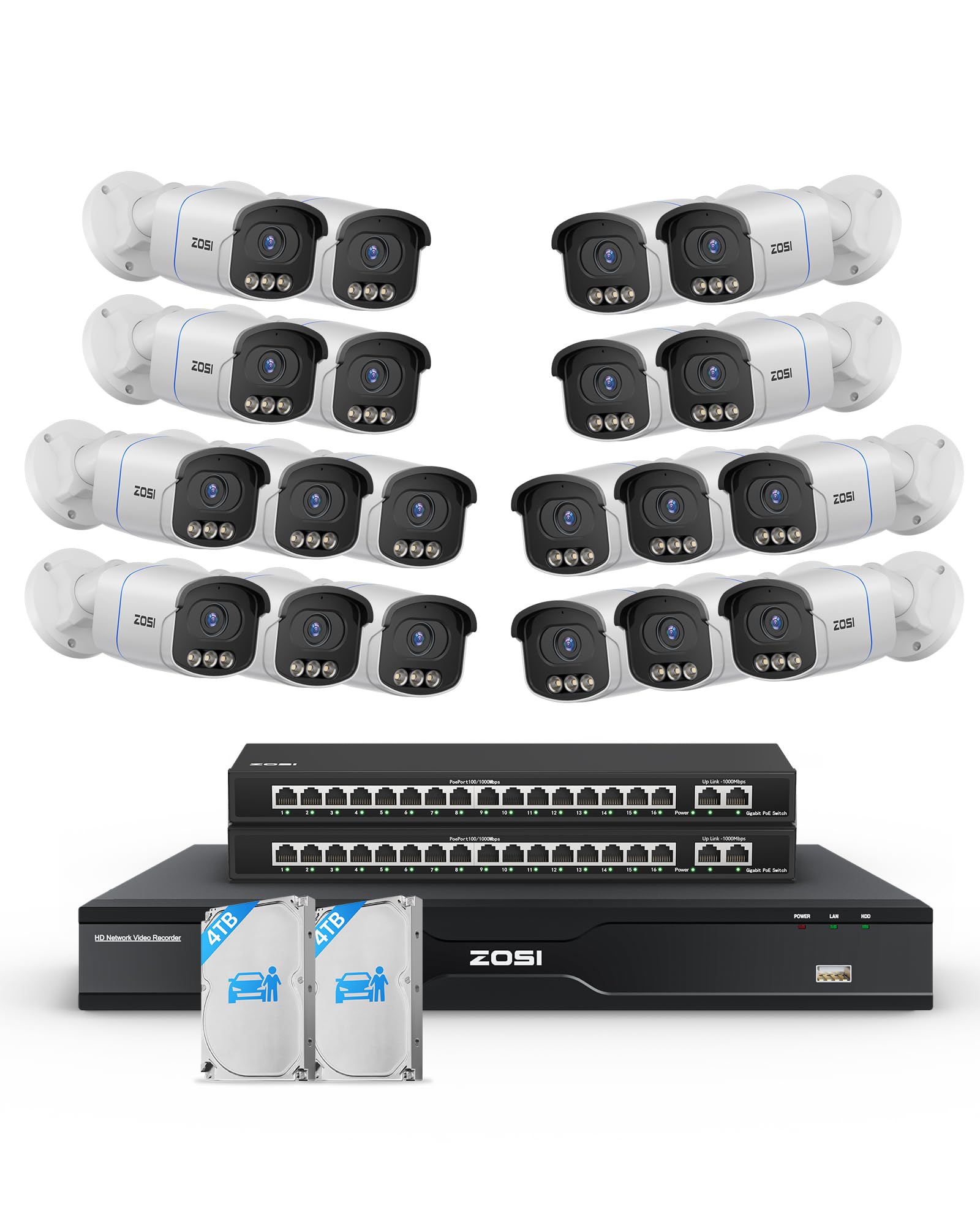 ZOSI 32CH 4K PoE Security Camera System, 20pcs 8MP True Full Color Night Vision Outdoor PoE Cameras, Person Vehicle Detection, 2 Way Audio, Spotlight Siren, 32CH NVR with 8TB HDD for 24/7 Recording