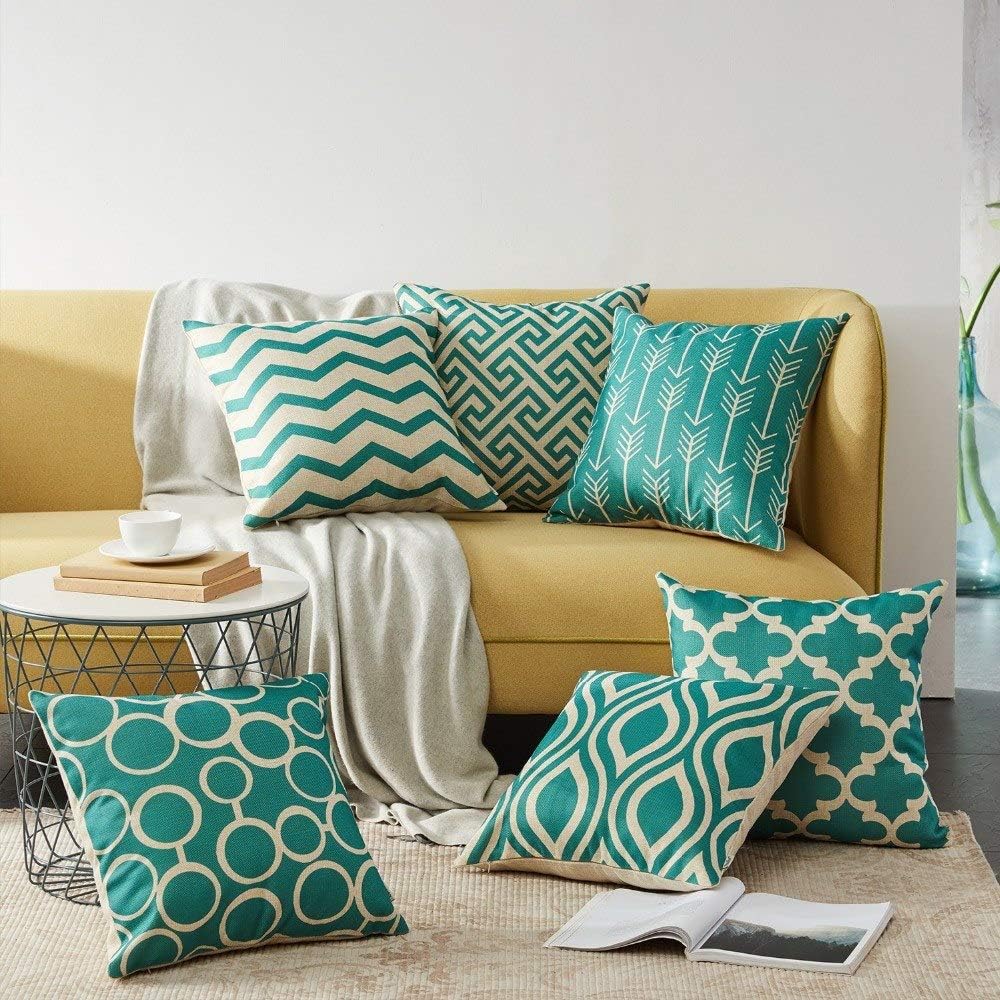 AEROHAVEN Set of 6 Satin Abstract Designer Decorative Throw Pillow/Cushion Covers - (Aqua/Sea Green, 18 x 18 Inch)