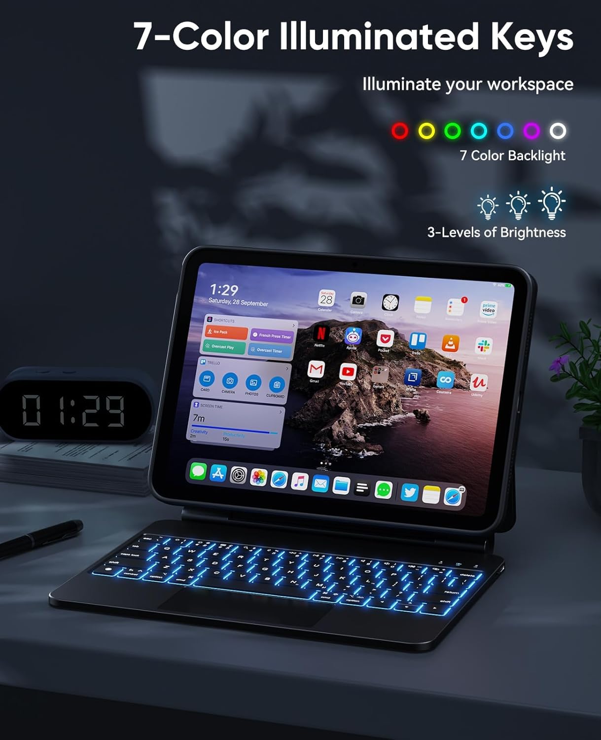 CHESONA Keyboard Case for iPad (A16) 11th 2025/10th Generation 10.9-inch 2022, 7-Color Backlit with Removable Protective Case, Floating Cantilever Stand, Portrait/Landscape Mode, Smart Trackpad, Black - Image 6