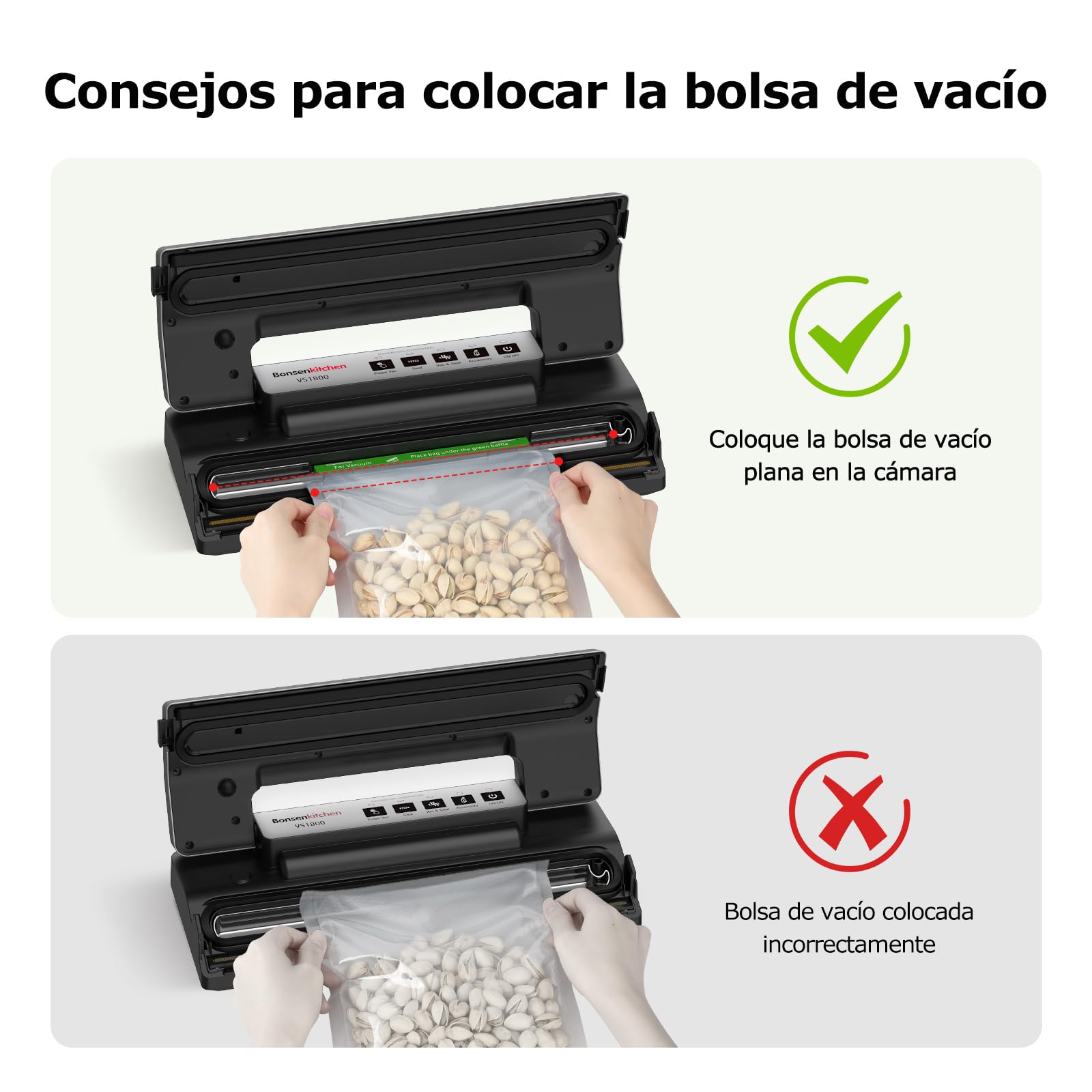 Bonsenkitchen Envasadora al Vacío, Sellado Robusto 30 cm, Función Pulse para Alimentos Húmedos, Kit de Vacío Externo, Uso Continuo con Protección Térmica, con 5 Bolsas, VS1800