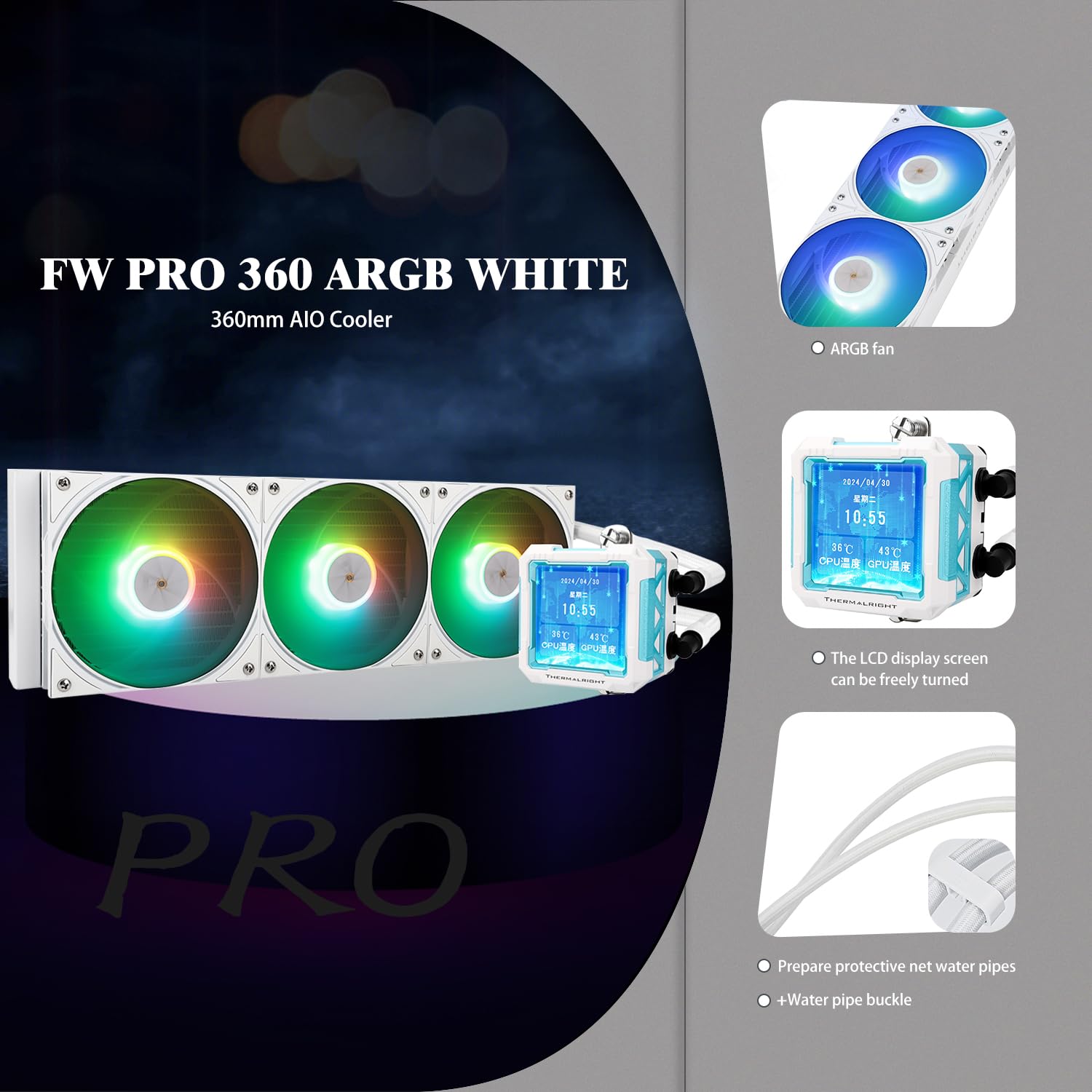 TR-Thermalright FW PRO 360 ARGB - Raffreddatore CPU liquido bianco, schermo IPS LCD da 2,7 pollici con risoluzione 320 x 320, magnetico, tema schermo fai da te, per AM4/AM5, LGA1851/1700/115x