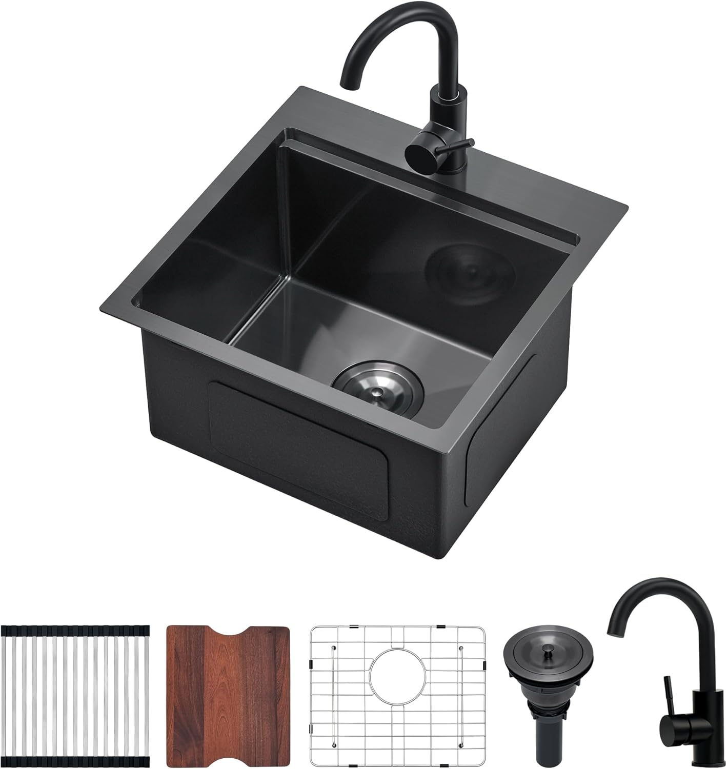 18 Inch Black Kitchen Bar Sink with Faucet, Scamall 18 x 18 Inches ...
