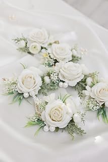 Wedding Wrist Corsages, Set of 6, White Silk Flowers for Bride, Bridesmaids, Mother, Grandmother