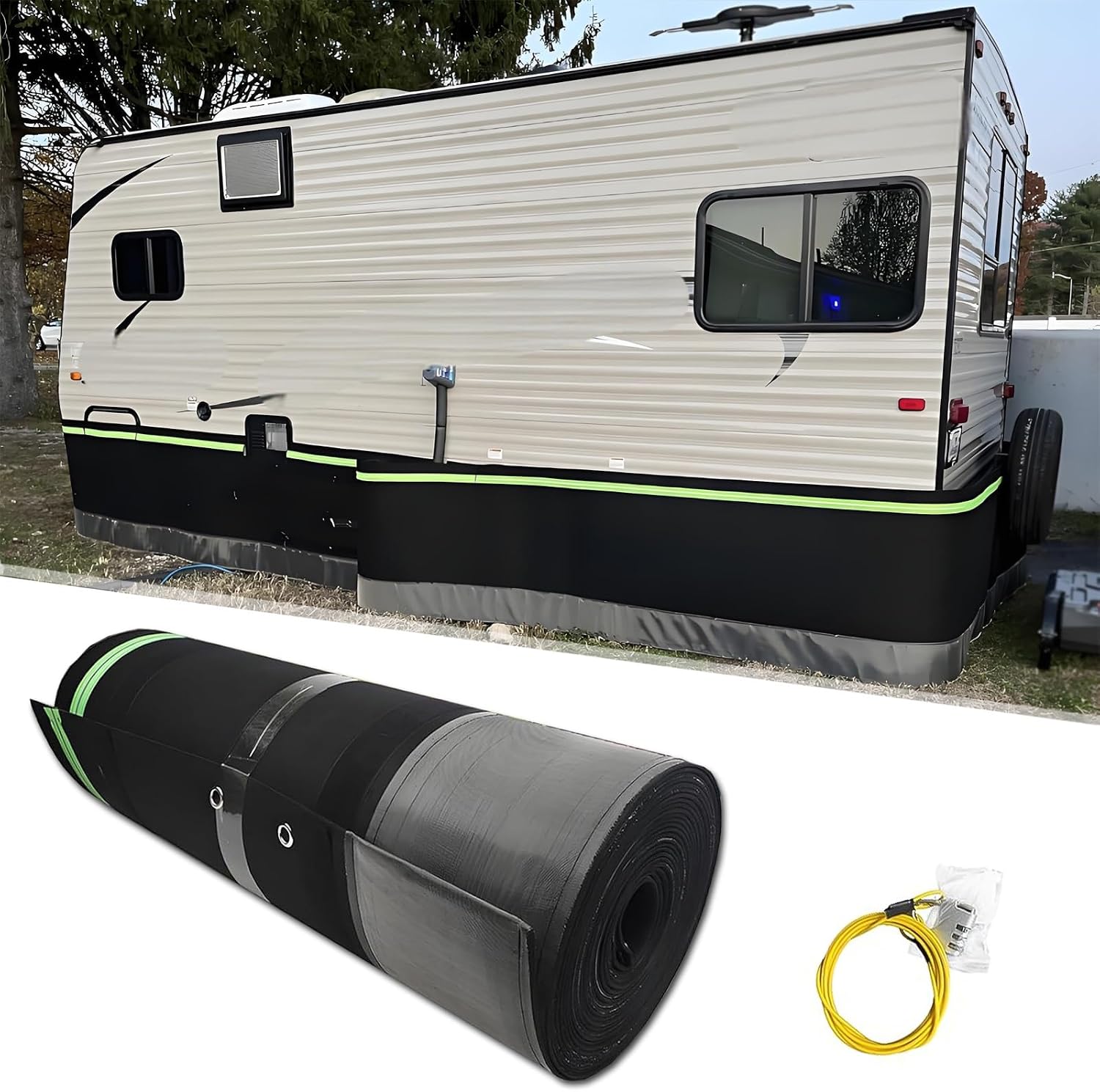 RV Skirting for Travel Trailers, H 3ft Camper Skirt Kits, Polyester & Stainless Steel Mesh, Heavy Duty Rv Underpinning Insulation Skirt for Caravan Motorhome Exterior Easy DIY Install L 124ft/38m