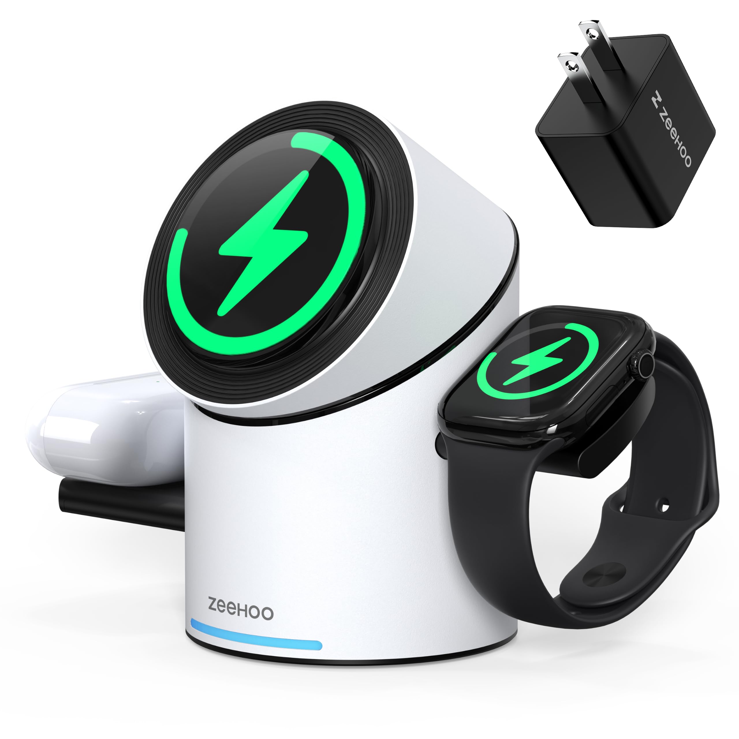 ZEEHOO 3 in 1 Charging Station for Apple Devices, Mag-Safe Charger Stand, 15W Auto-Rotating Wireless Charger for iPhone 18 Pro/Duo/17 16/15/14/13/12 Series&amp; AirPods&amp; iWatch (White)