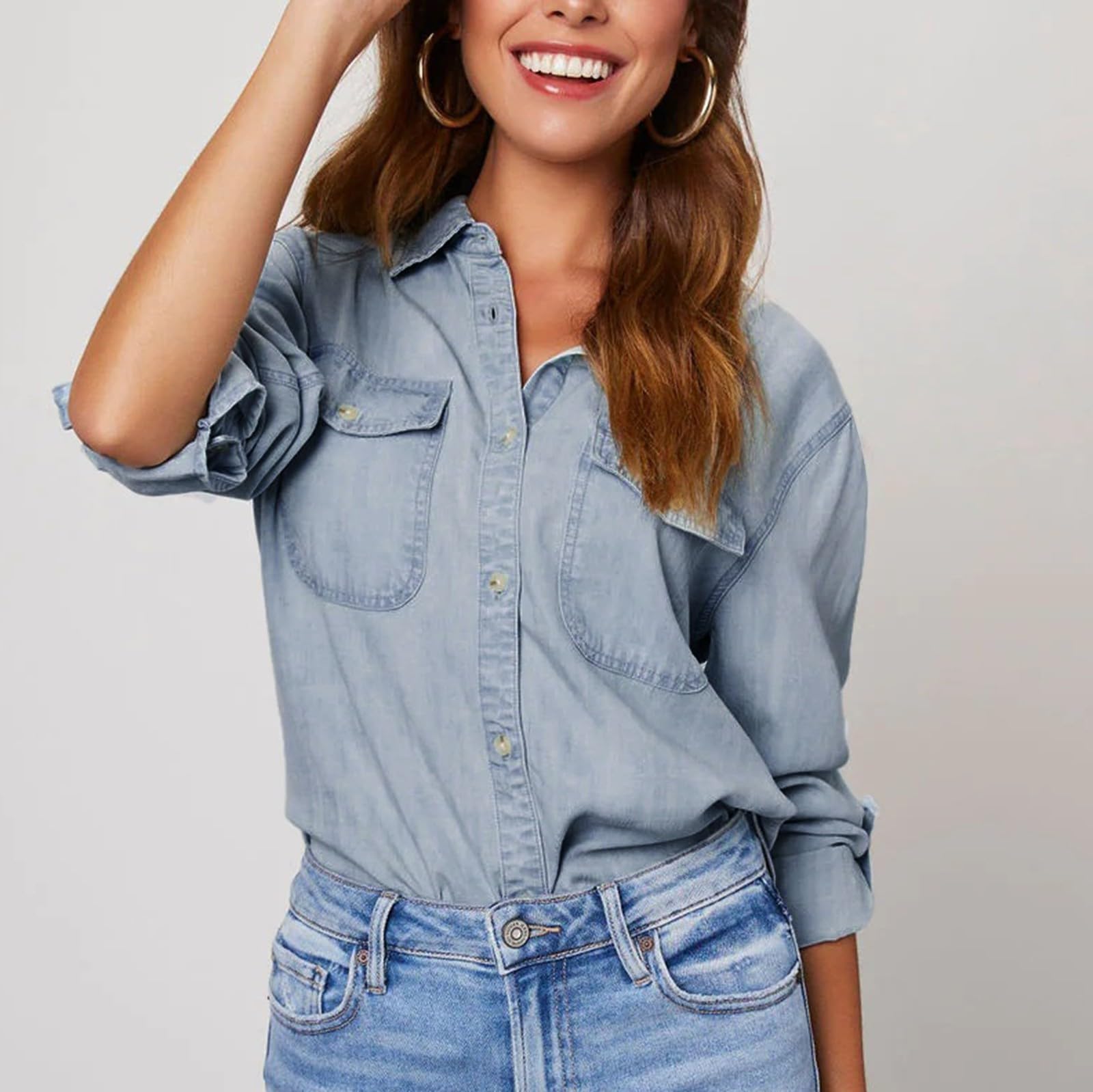 T-shirt à manches longues pour femme, élégant, en coton, pour l'été, oversize, col en V, couleur unie, fermeture avant, chemisier surdimensionné, pour le travail, tunique classique