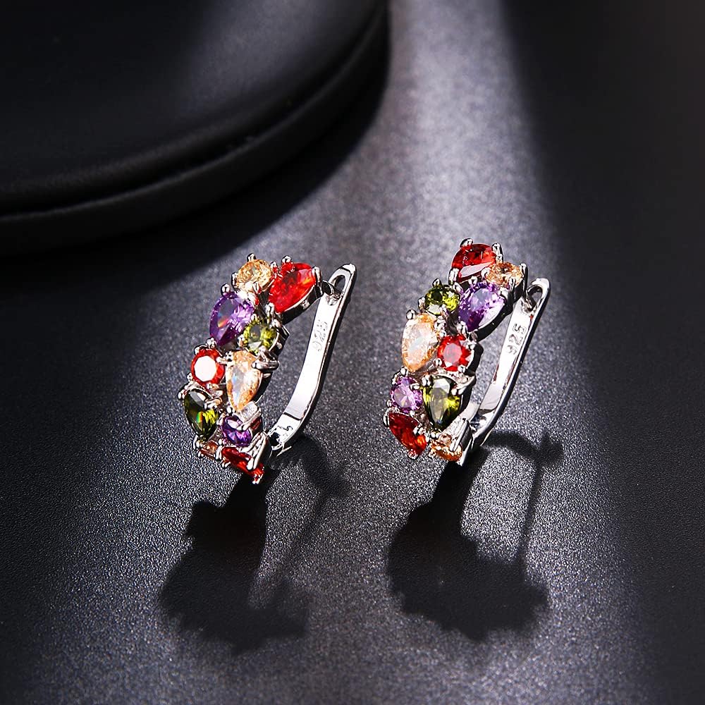 Classic Multi Gemstones Silver Sets, with Birthstone Crystals Amethyst Garnet Morganite Peridot, Jewelry Gifts for Women (Piercing clip earrings)