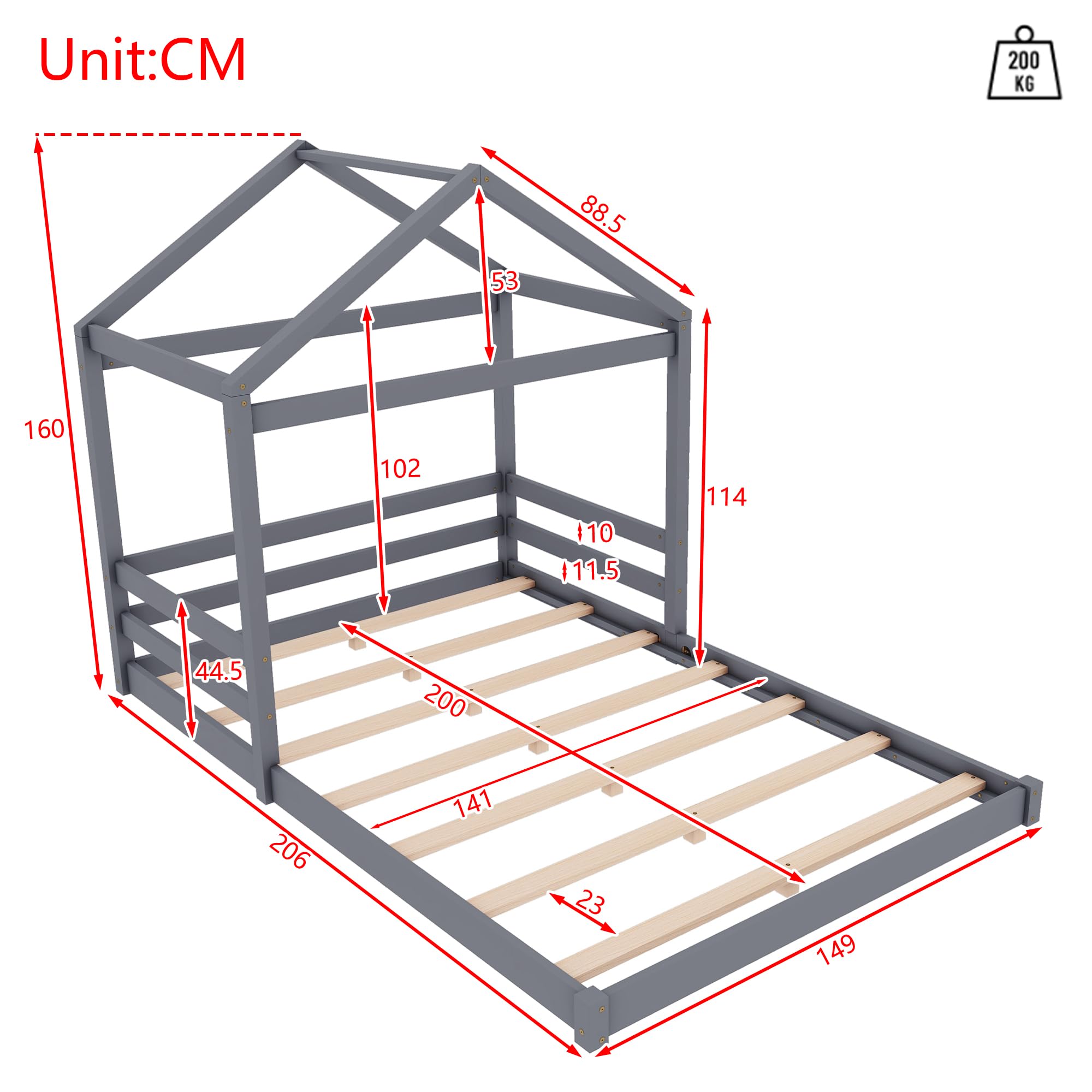 Kinderbett 140x200 cm, Bodenbett mit Hausform, Bettgestell mit Lattenrost | Ohne Matratze, Holzbett Bett für Kinder Jugendliche Kiefernholz+MDF Grau