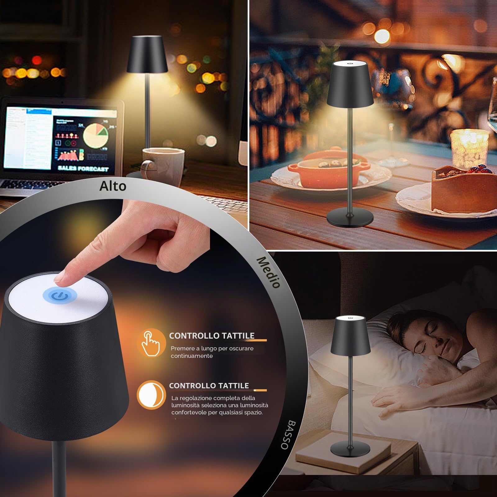2 lampade dimmerabili LED da tavolo senza fili, ricaricabili, luce calda 3000 K, lampada da tavolo per interni ed esterni, con USB-C, alluminio, impermeabilità IP54, classe energetica A, colore nero