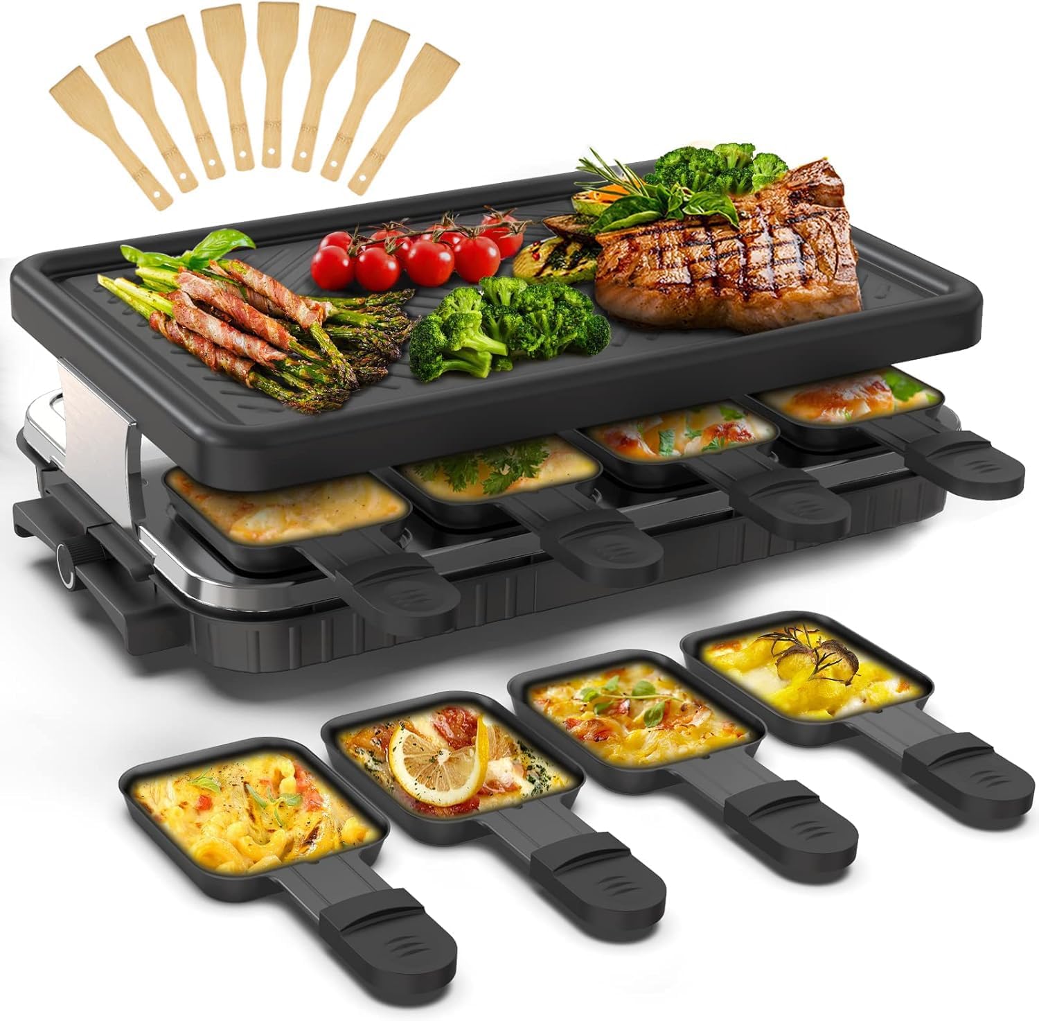HengBO Raclette-Gerät für 8 Personen mit 8 antihaftbeschichteten Pfännchen, stufenlos regulierbare Grillplatte, elektrisch, 1300 W, Edelstahl, schwarz
