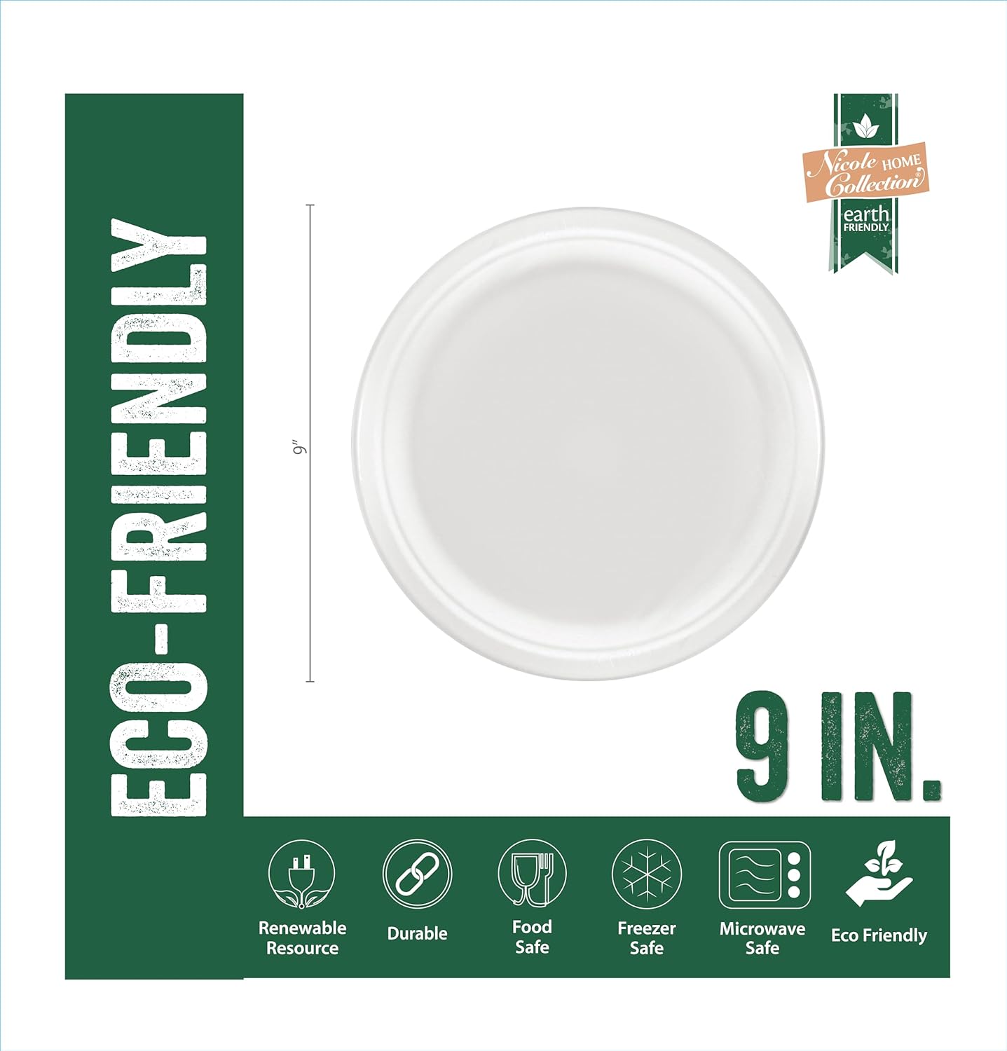 Nicole Home Collection 600 Count Compostable Heavy Duty 9" Disposable Paper Plates 100% Bagasse Biodegradable Eco-Friendly Natural Sugarcane