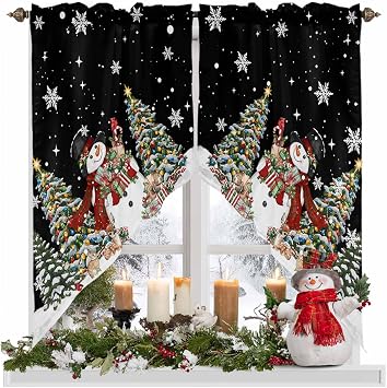 Christmas Swag Valance Curtain,Snowman Trees Swag Curtains Rod Pocket Valances for Windows,White Snowflakes on Black Swag Topper Kitchen Valance for Bedroom/Living Room/Bathroom