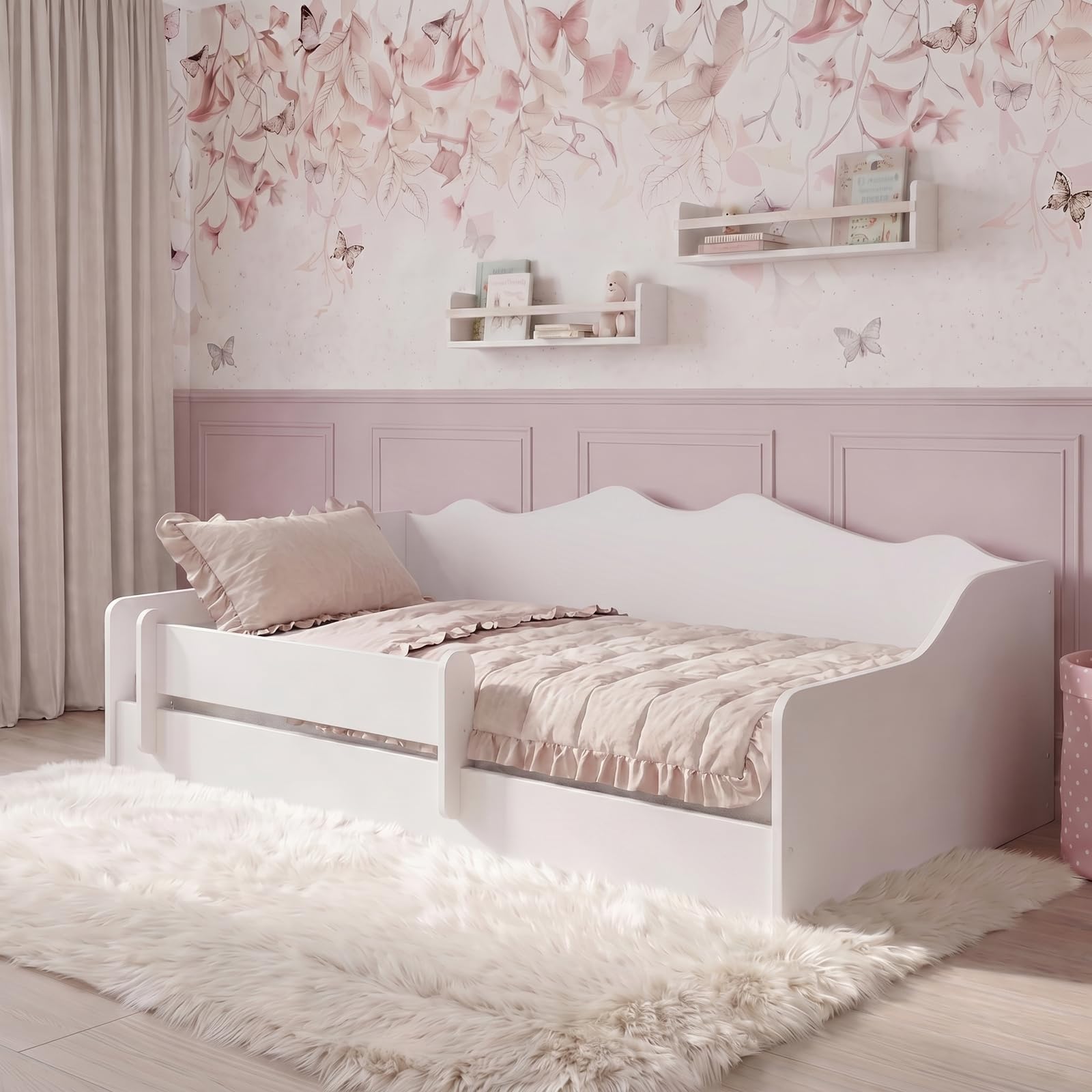 KOBI Montessori Bett, 140 x 70 cm, Weiß, ohne Matratze, sicheres Bett mit Schutzbarriere, elegant und bequem für das Kinderzimmer